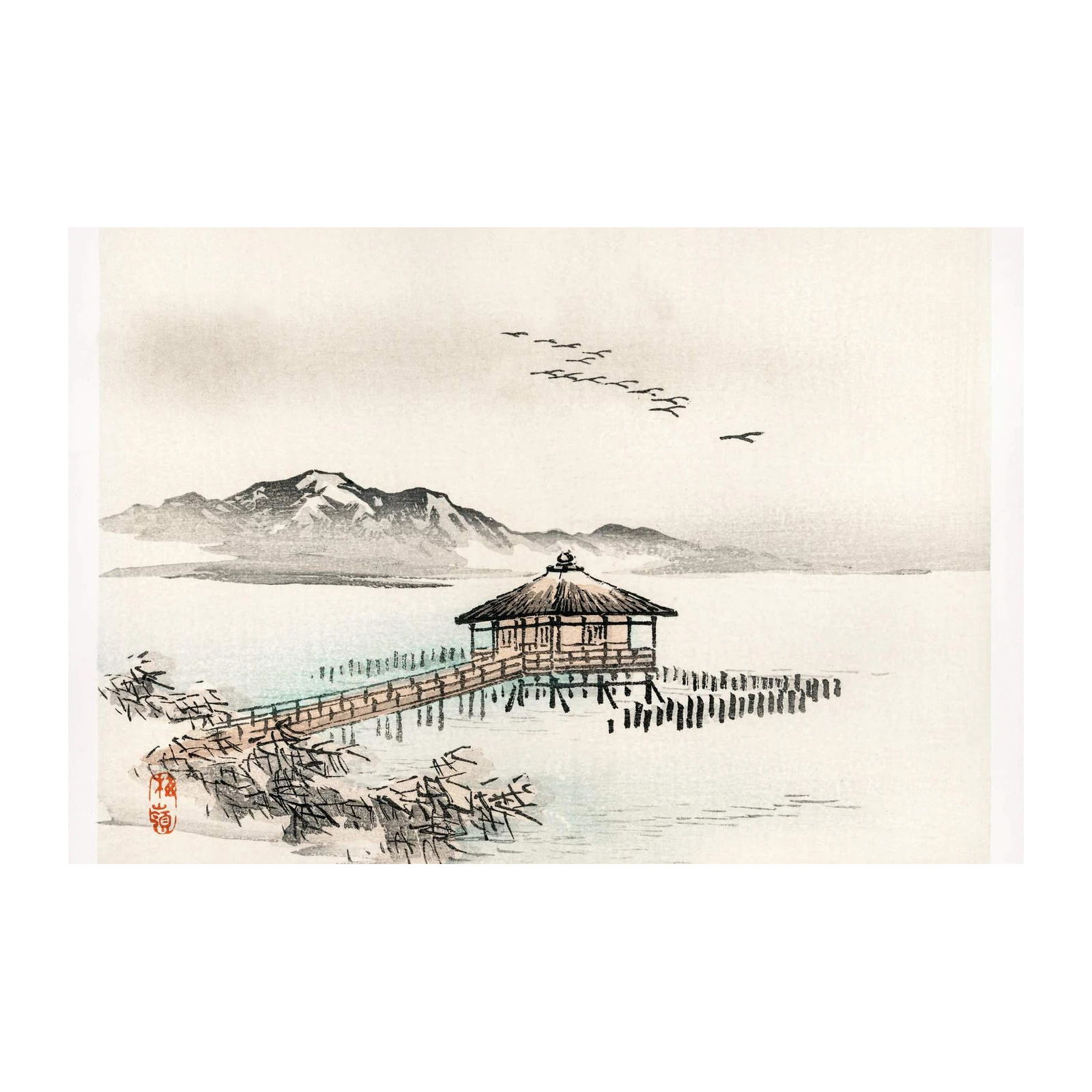Serene Japanese Pier & Mountains Wall Art