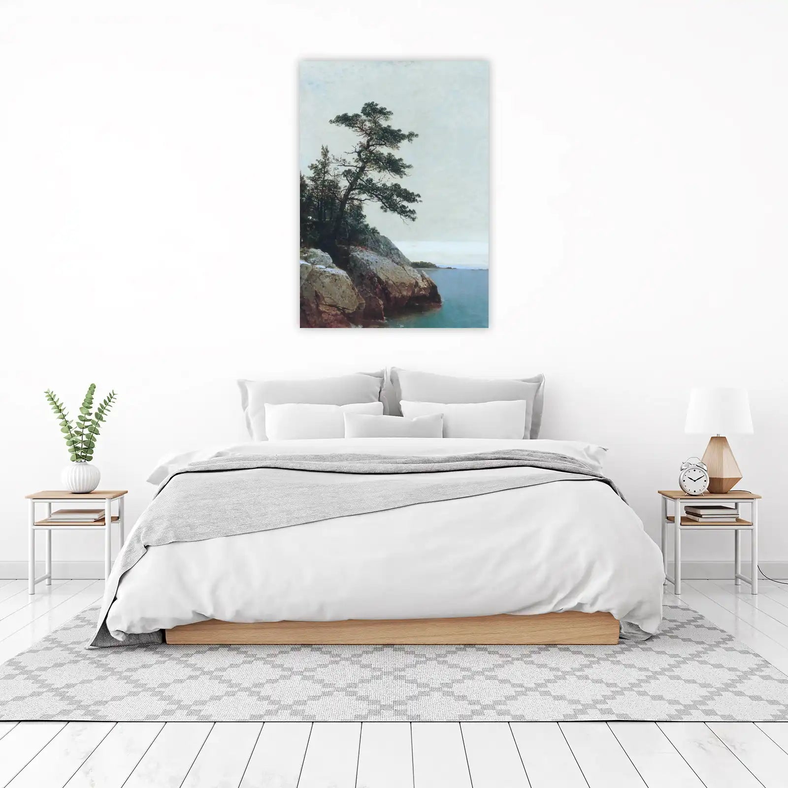 Serene Coastal Pine & Rocky Shore Wall Art