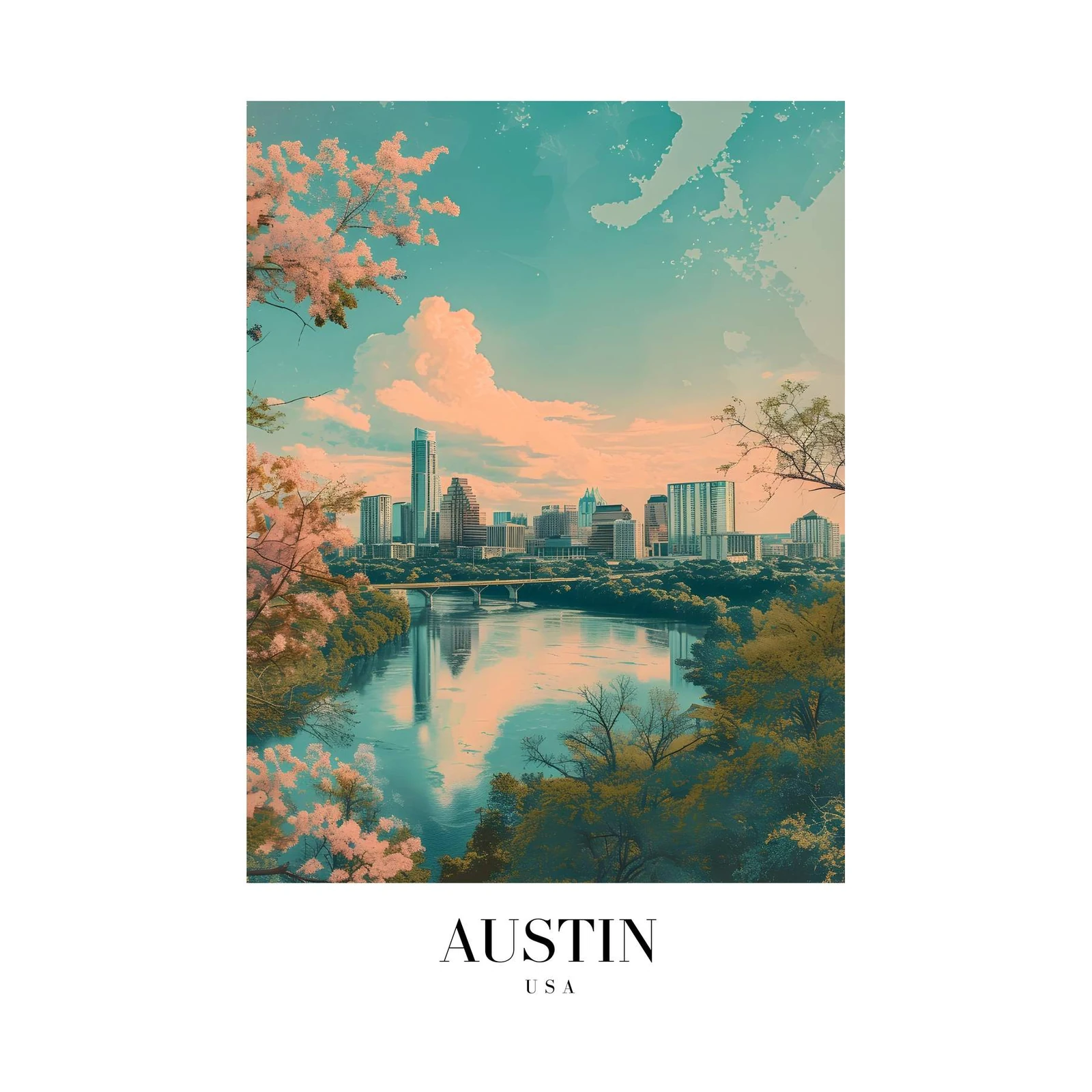 Austin Skyline Cherry Blossom Wall Art