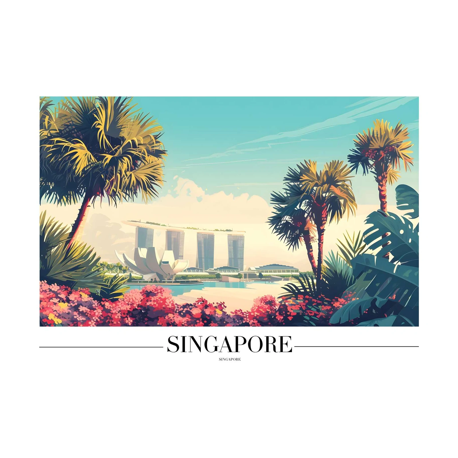 Vibrant Singapore Skyline Palm Trees Wall Art