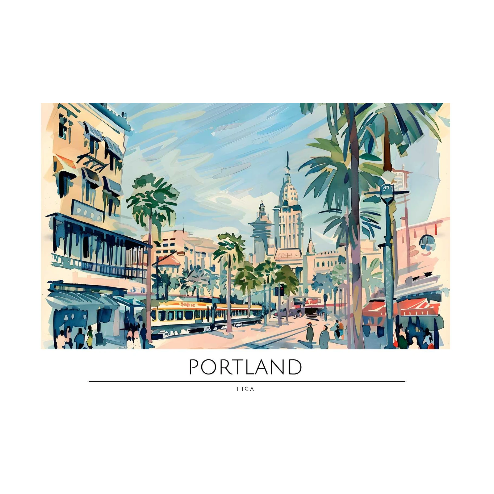 Vibrant Portland Street Scene Watercolor Wall Art