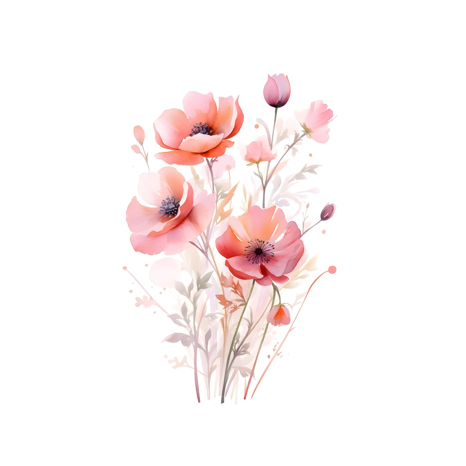 Soft Coral Poppy Floral Watercolor Wall Art