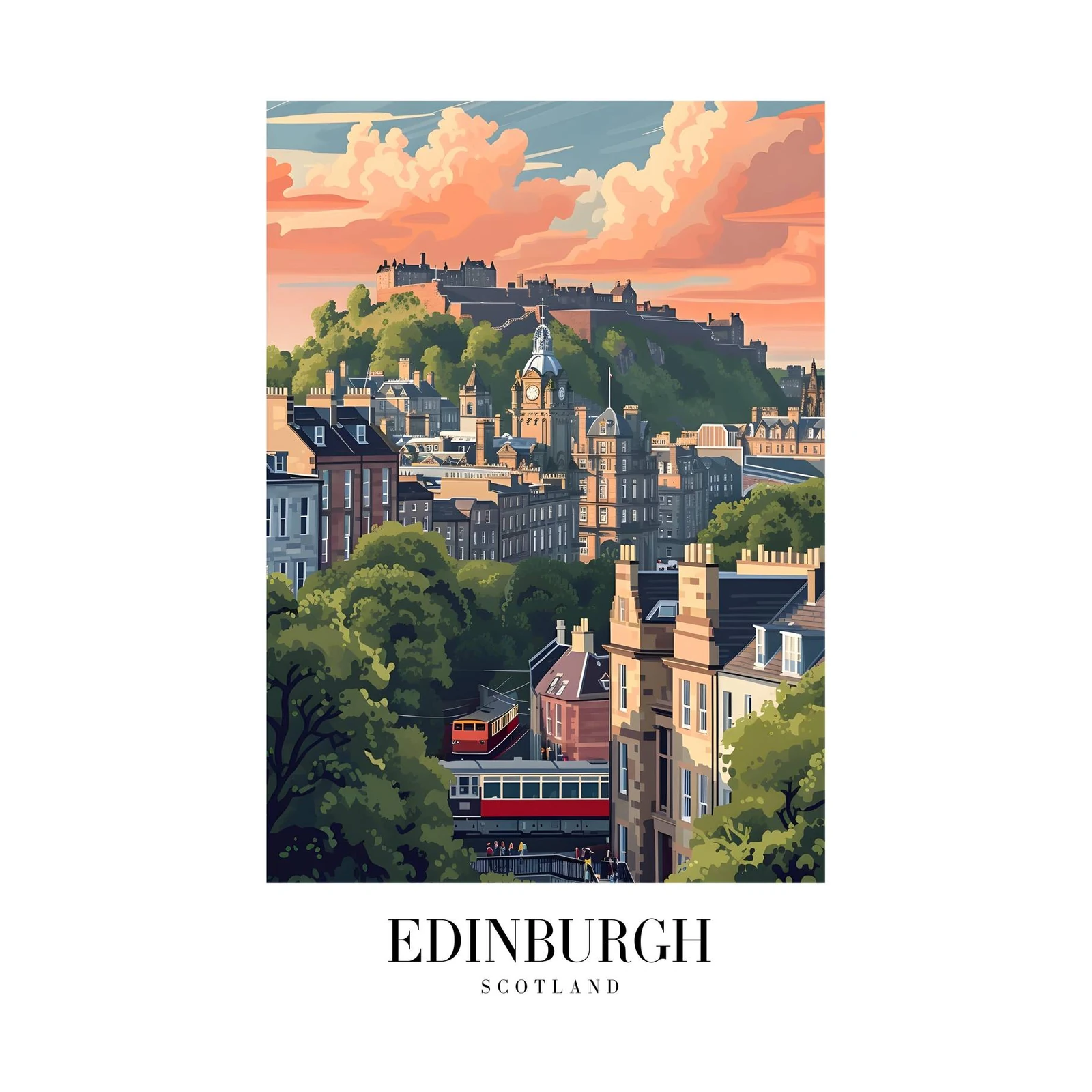 Edinburgh Castle Sunset Train Art Wall Art
