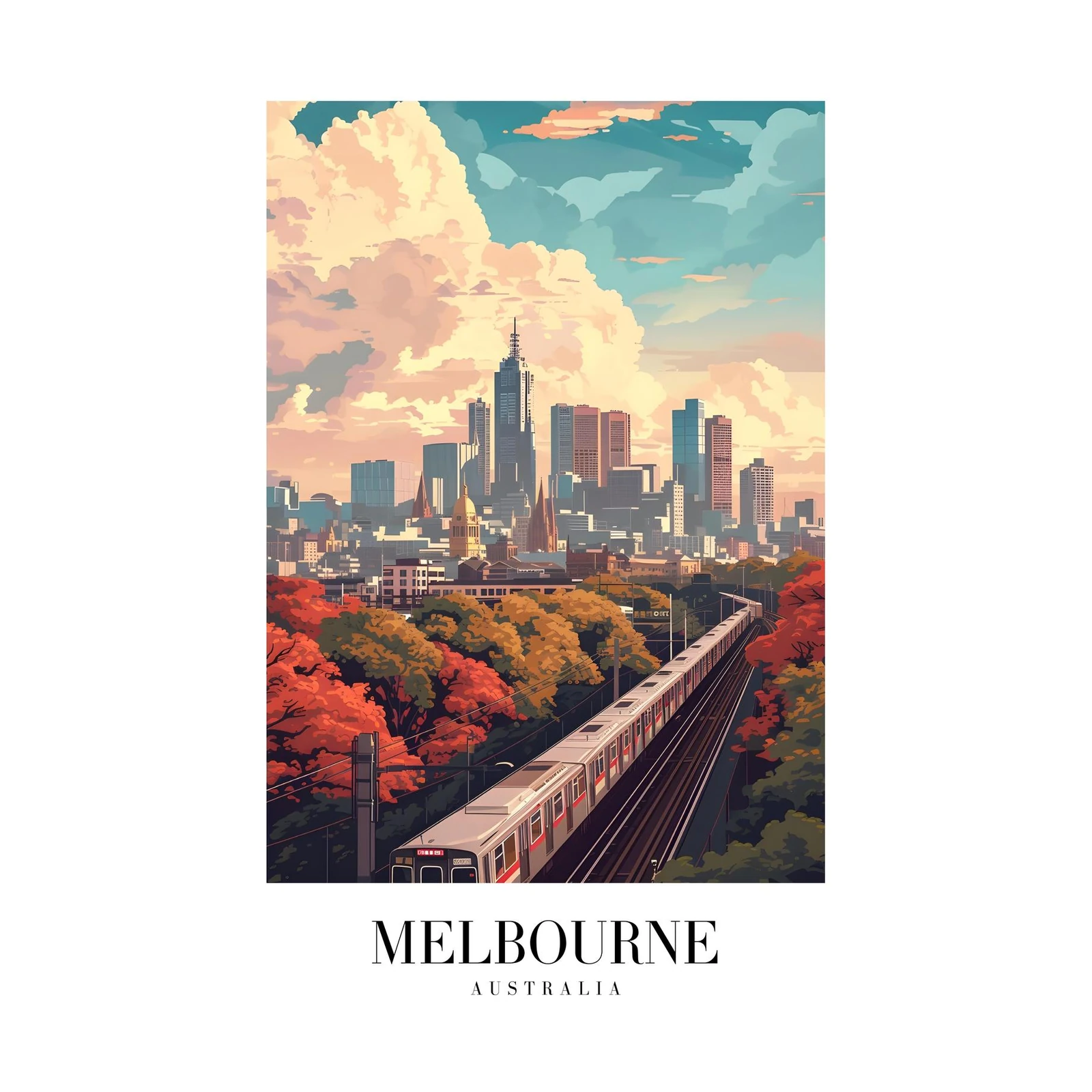 Vibrant Melbourne Skyline Train Wall Art