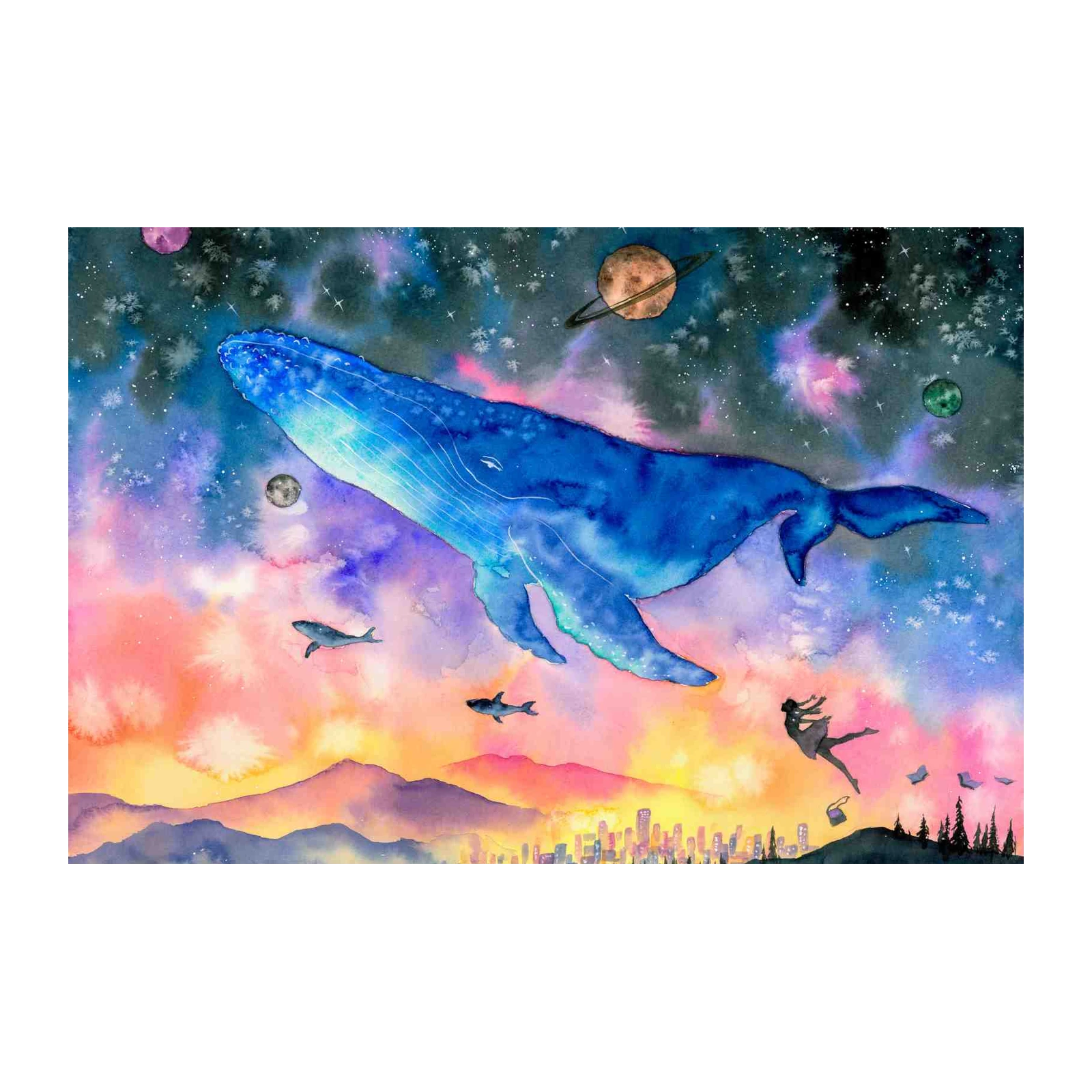 Cosmic Whale & Cityscape Watercolor Wall Art