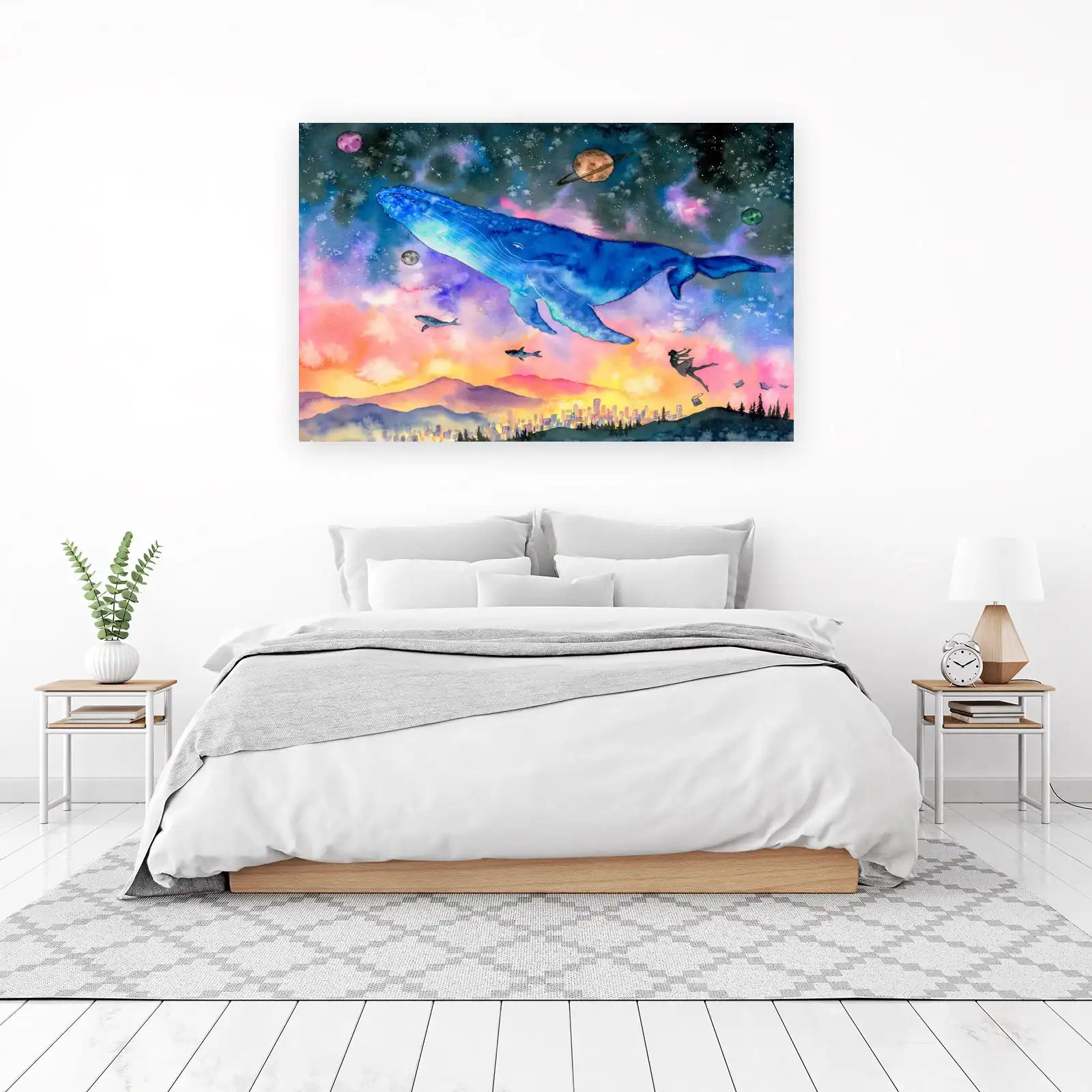 Cosmic Whale & Cityscape Watercolor Wall Art