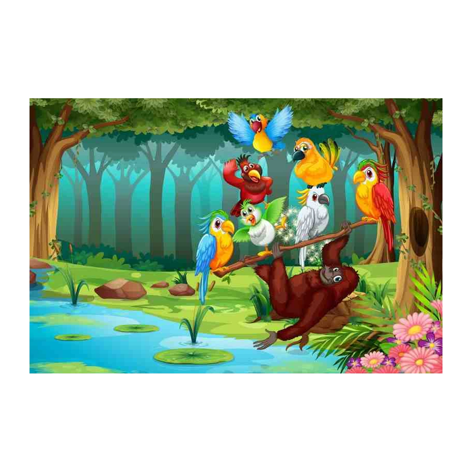 Vibrant Jungle Scene Parrot & Monkey Wall Art