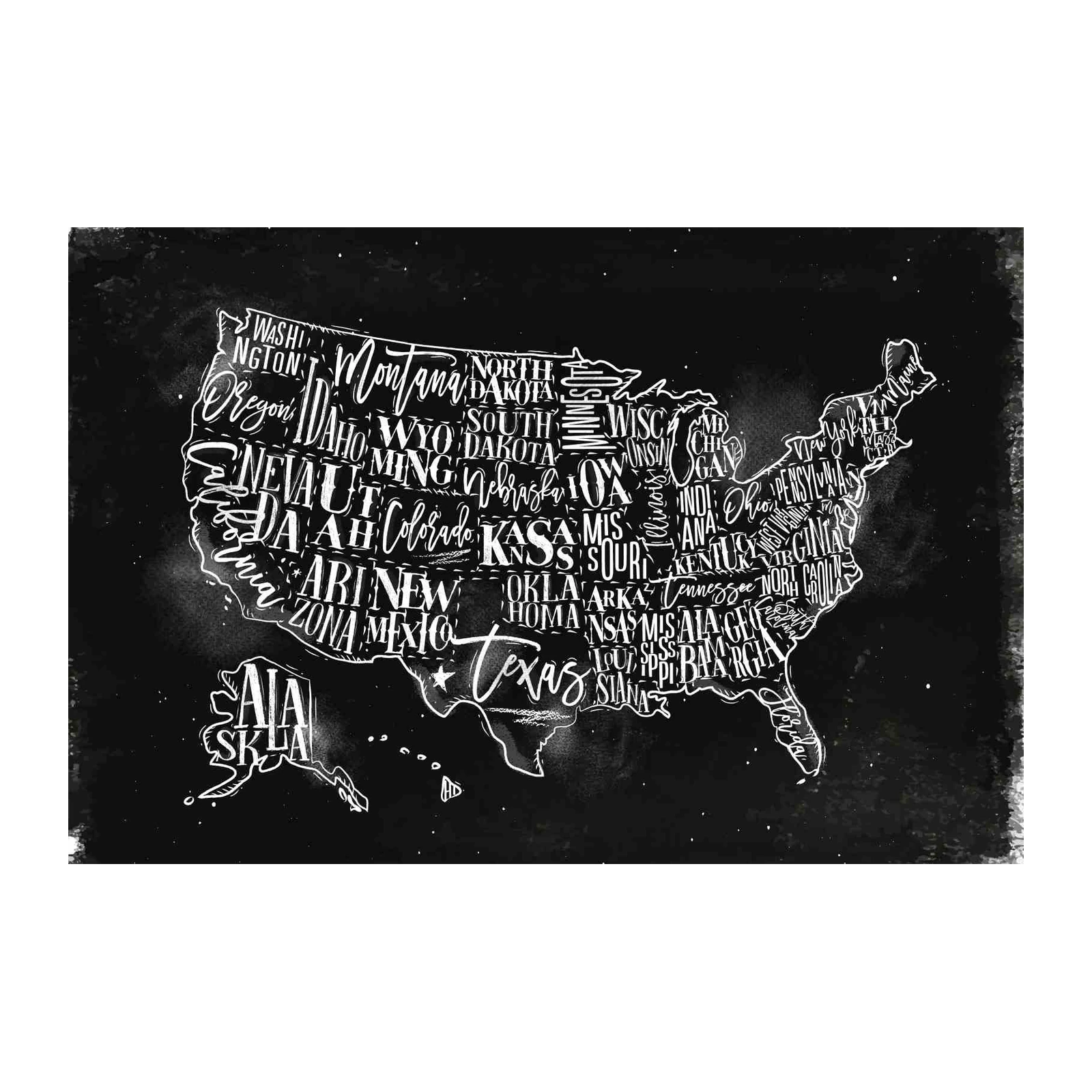 USA State Typography Map Wall Art Wall Art