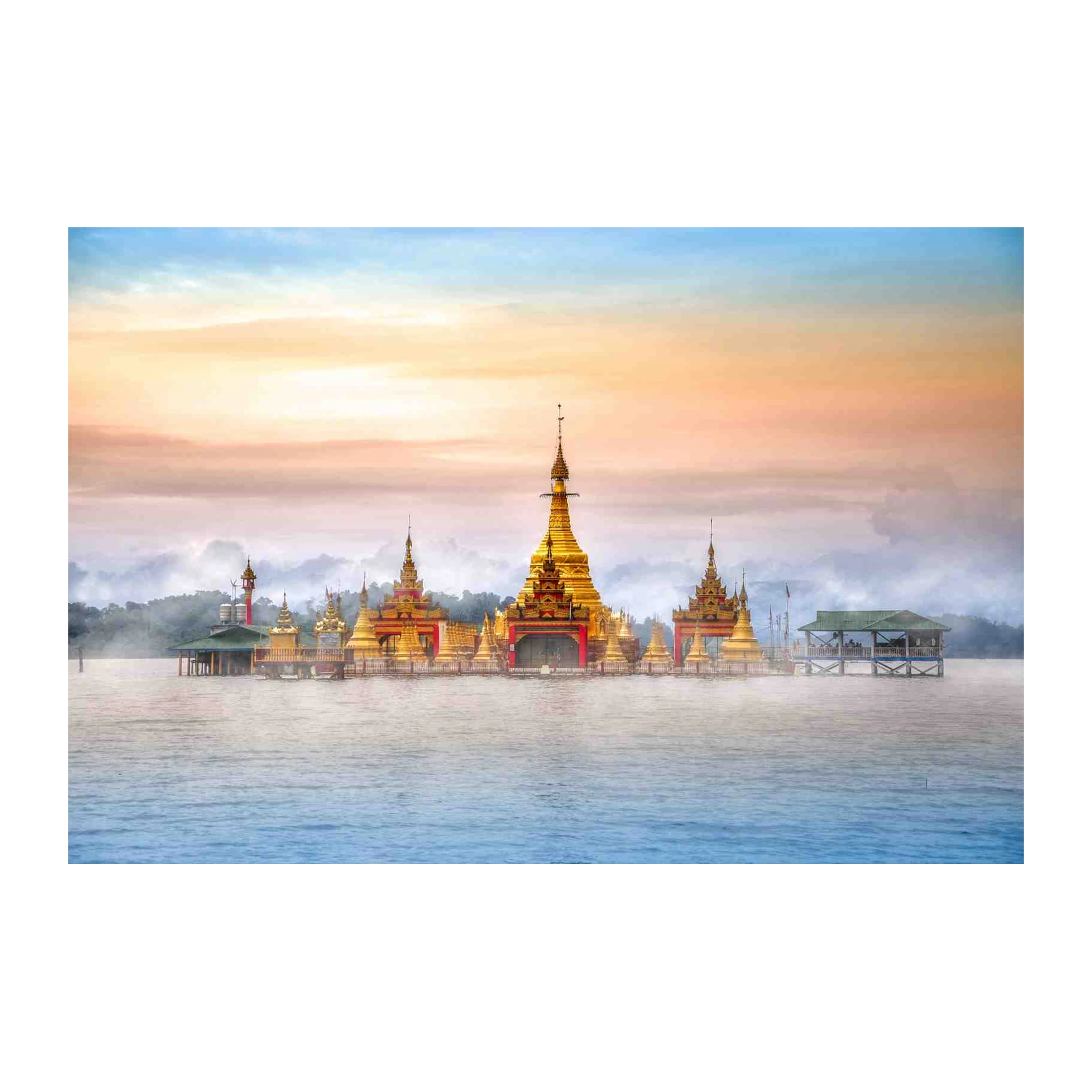 Serene Golden Pagodas Over Water Wall Art