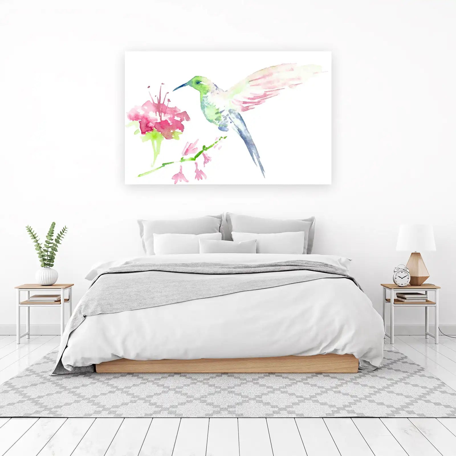 Delicate Hummingbird & Flower Watercolor Wall Art
