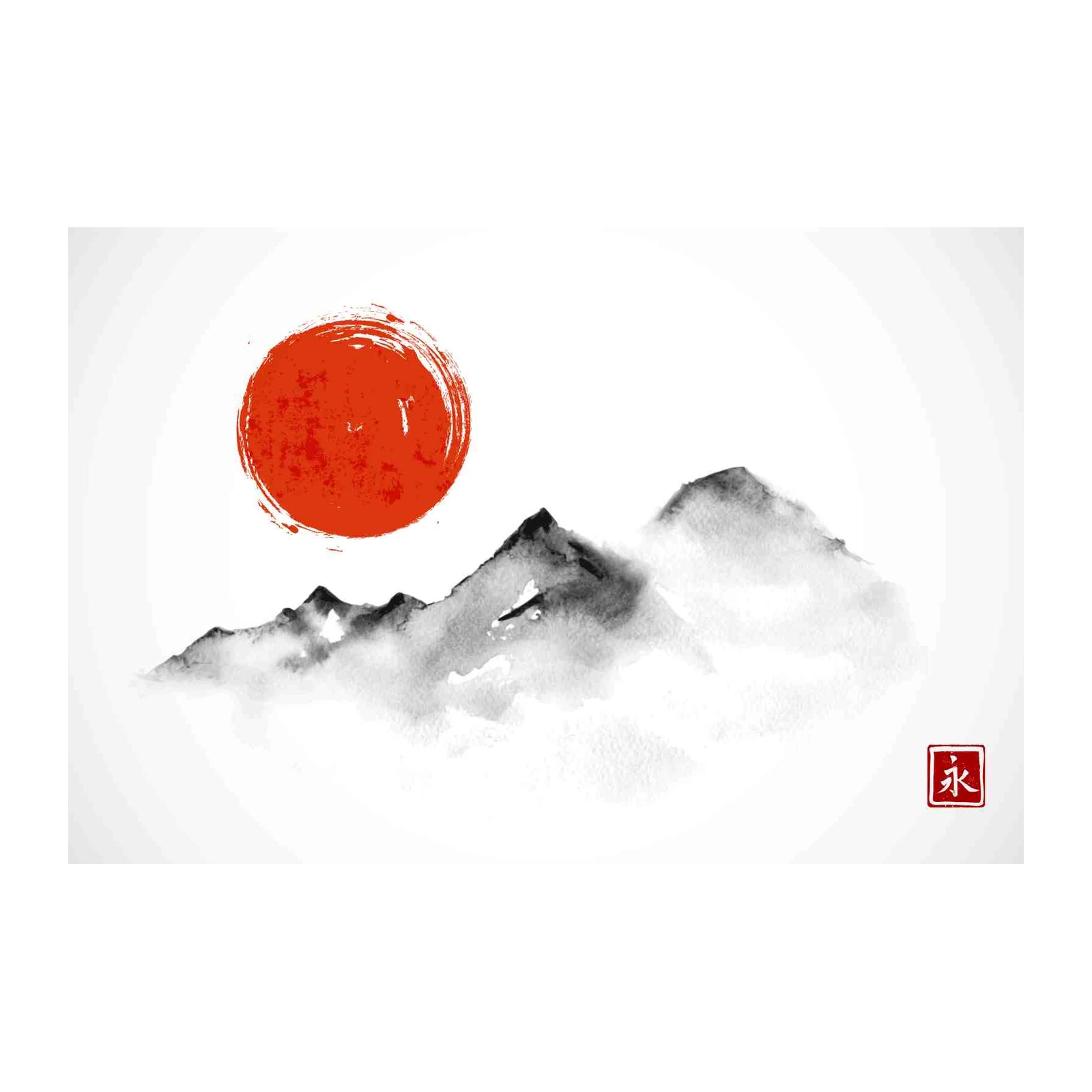 Zen Mountain Sunrise Ink Wash Wall Art
