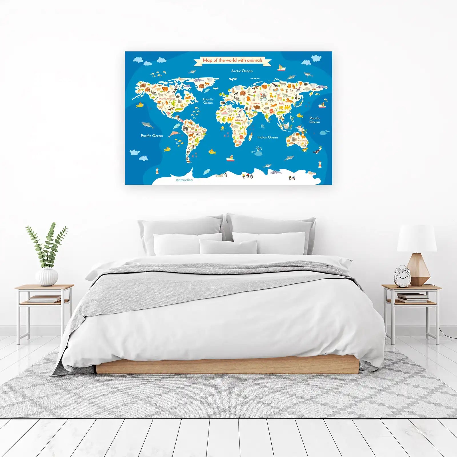 World Map Animals Kids Playful Wall Art