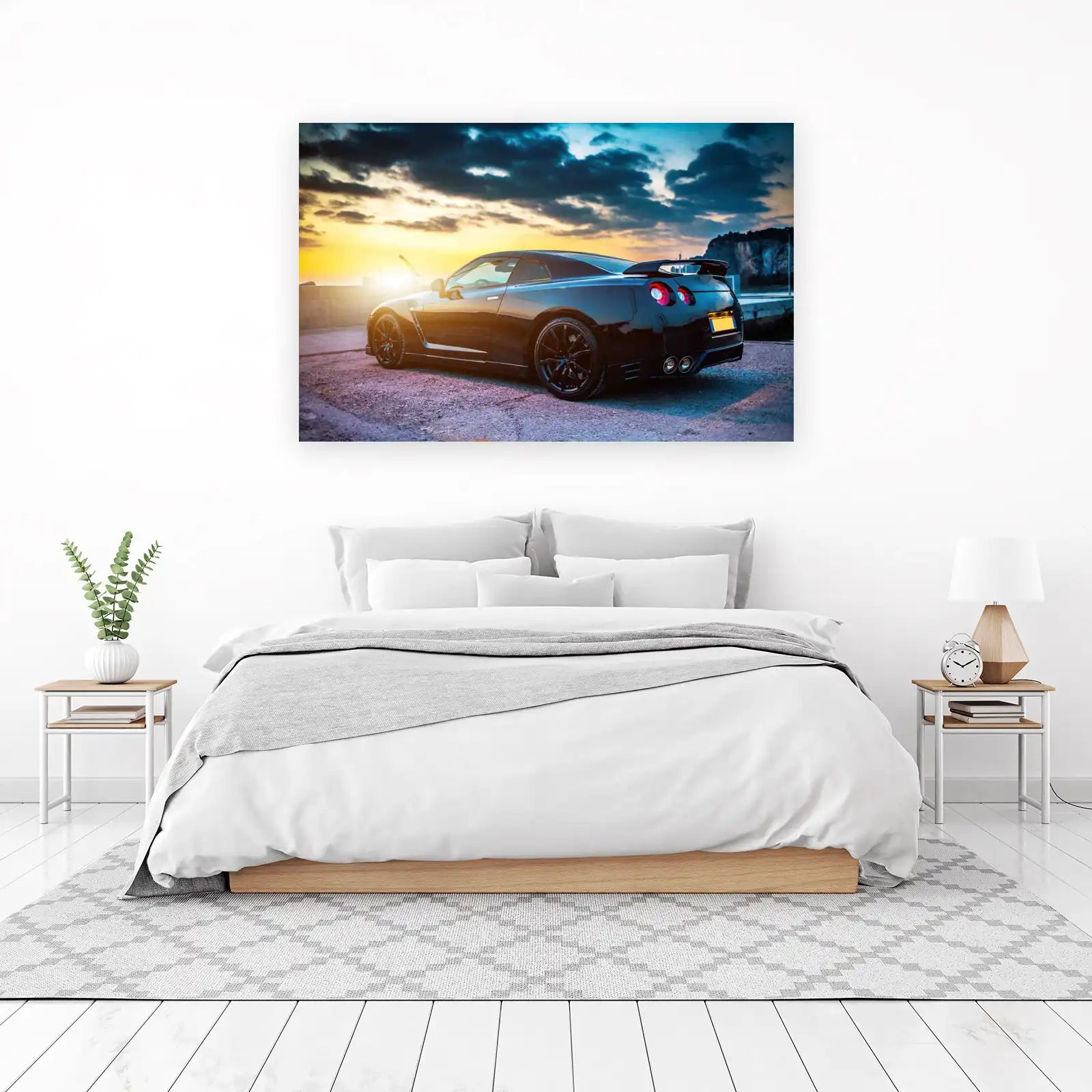 Sleek Black Sports Car Sunset Wall Art