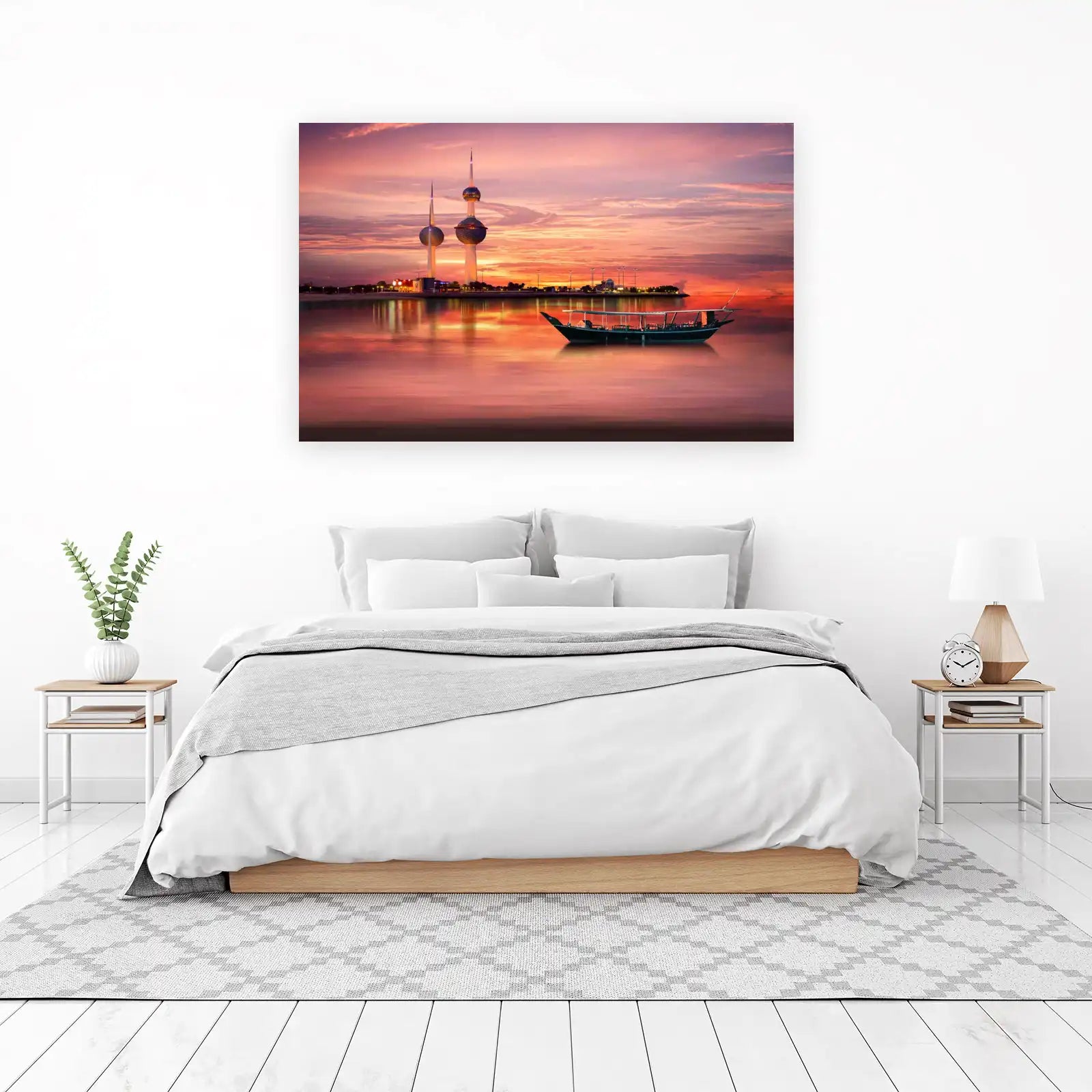 Kuwait City Skyline Sunset Dhow Boat Wall Art