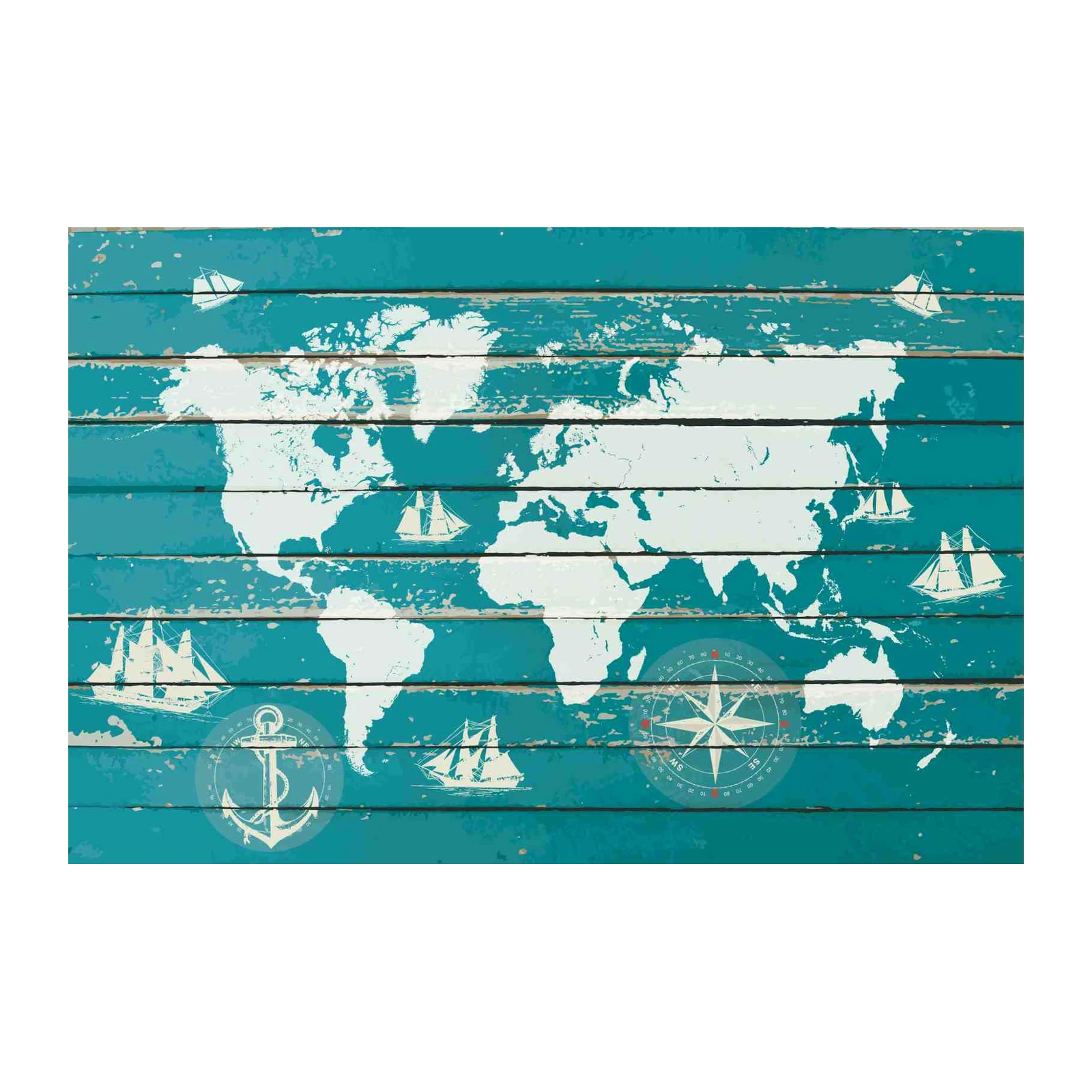 Nautical World Map & Sailboats Wall Art