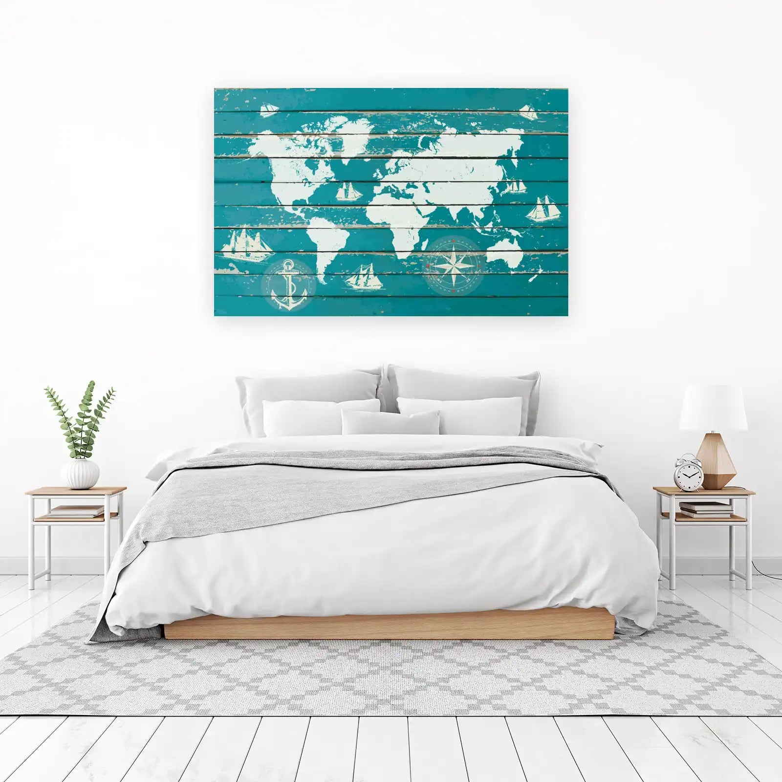 Nautical World Map & Sailboats Wall Art