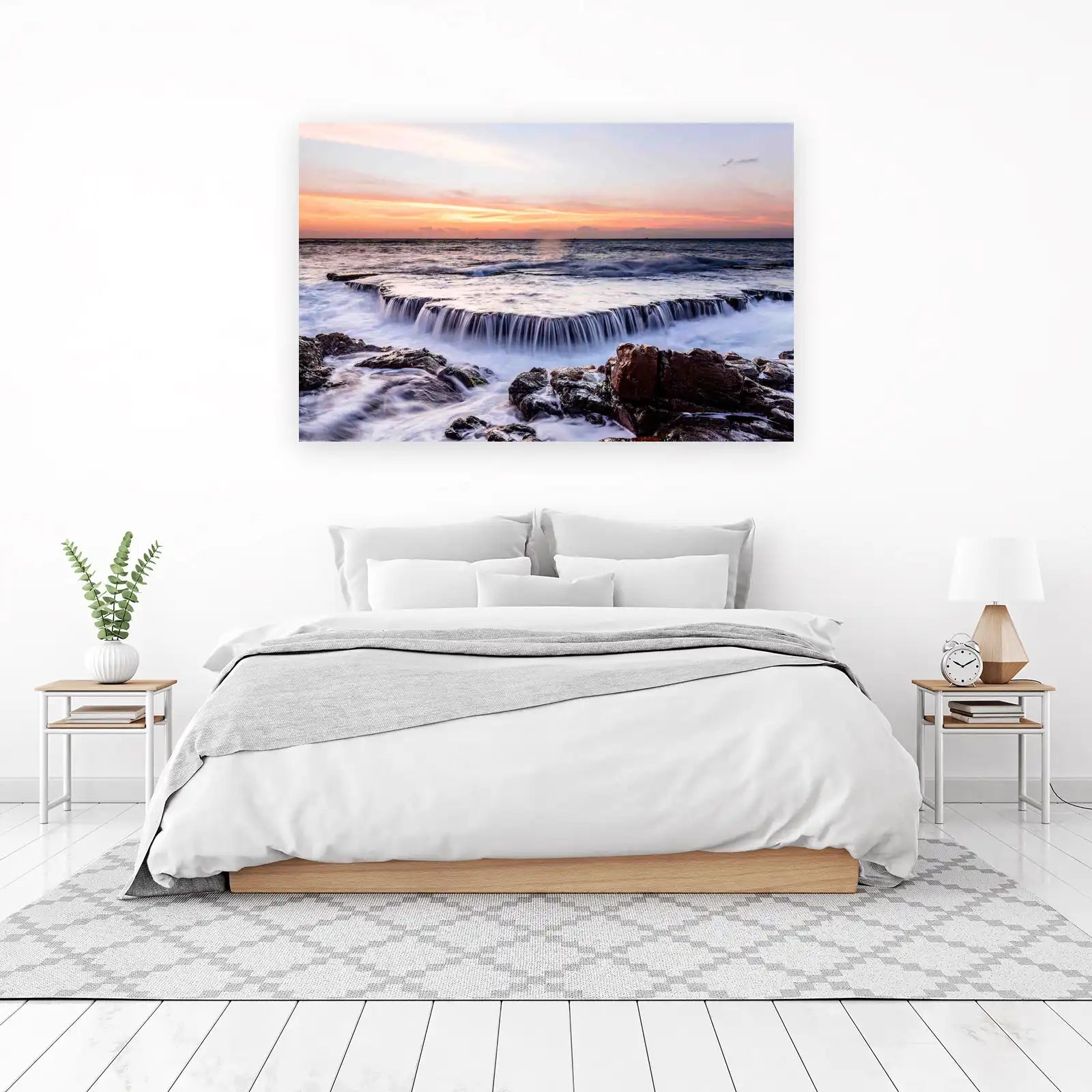 Serene Waterfall Ocean Sunset Wall Art