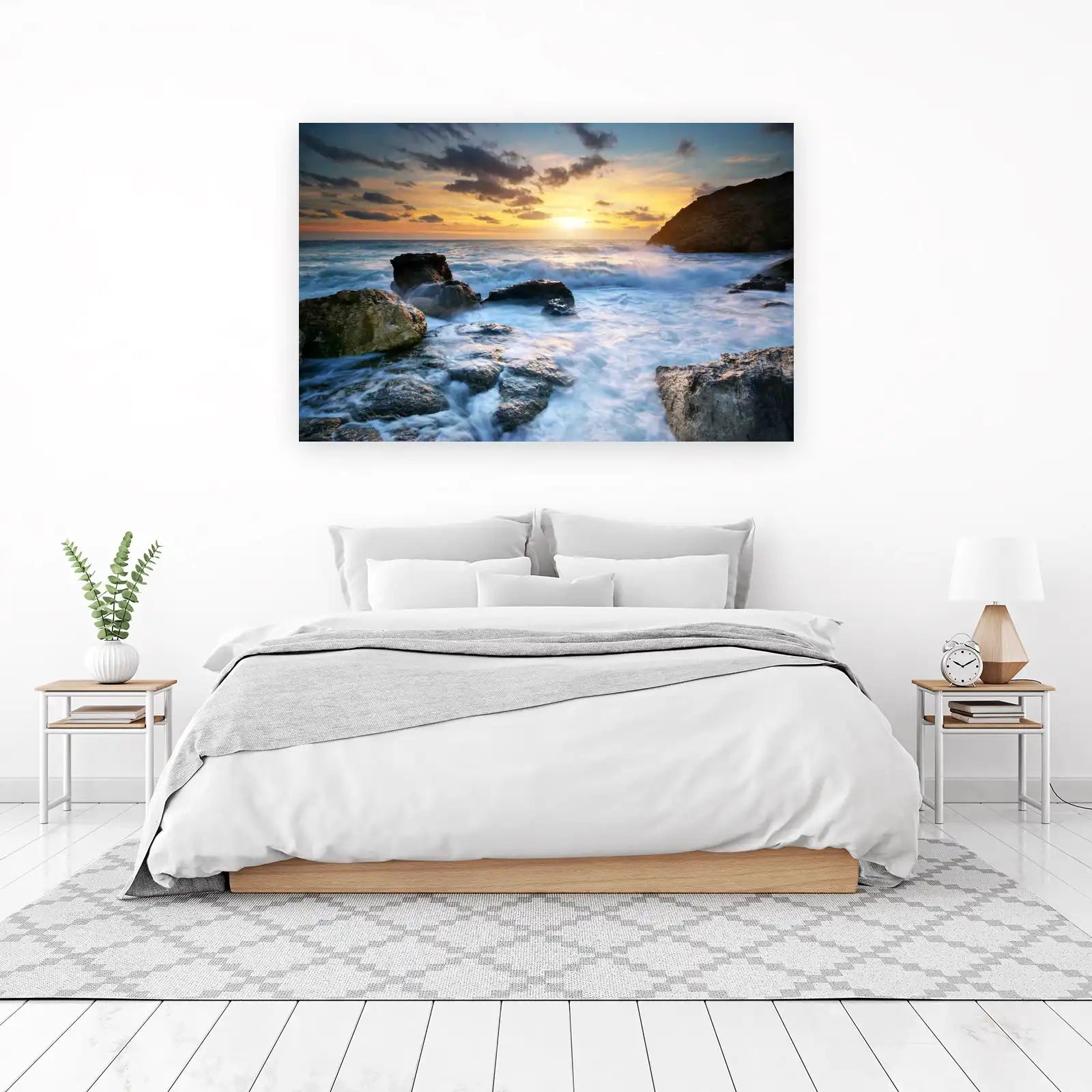 Sunset Ocean Waves Rocky Shore Wall Art