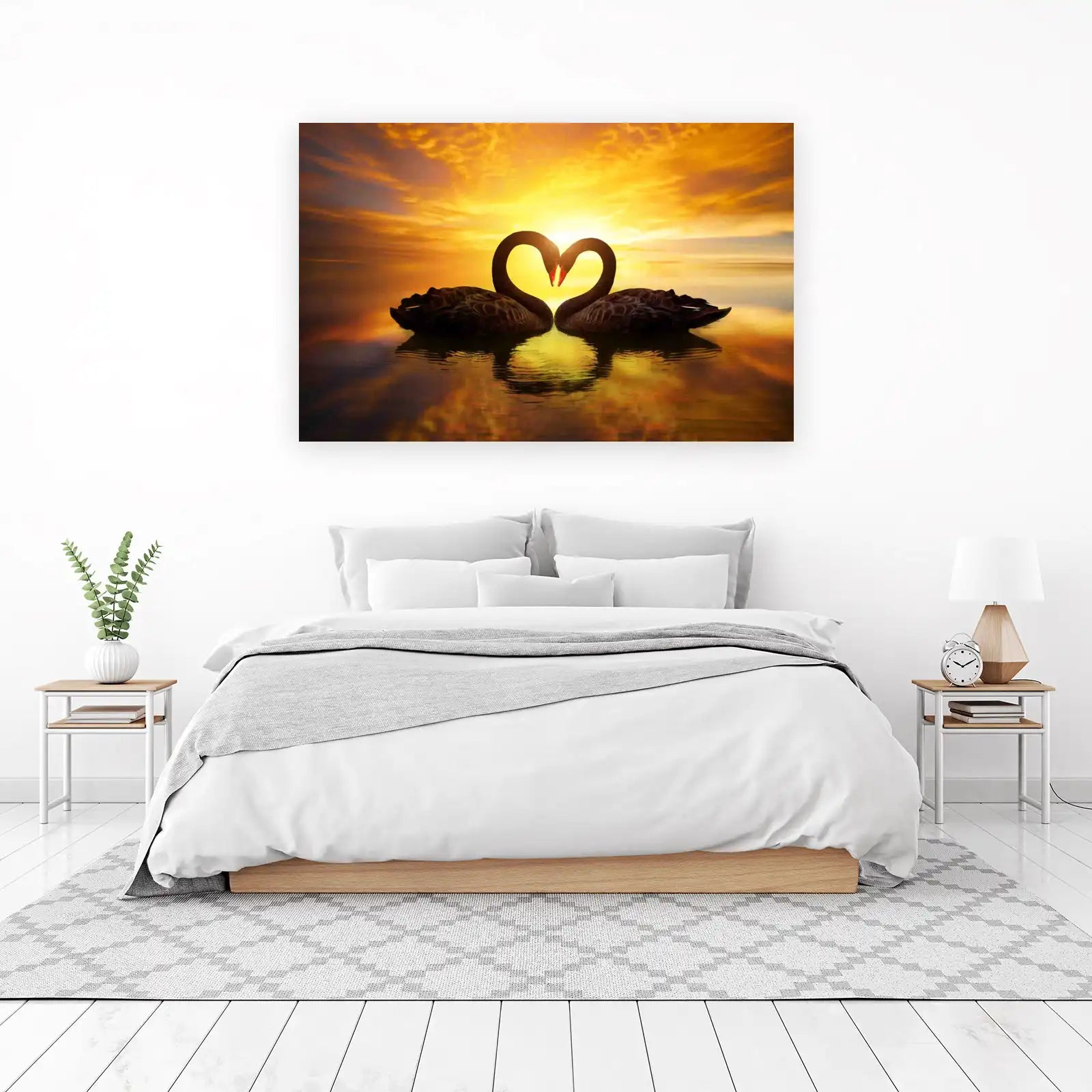 Black Swans Heart Sunset Romance Wall Art