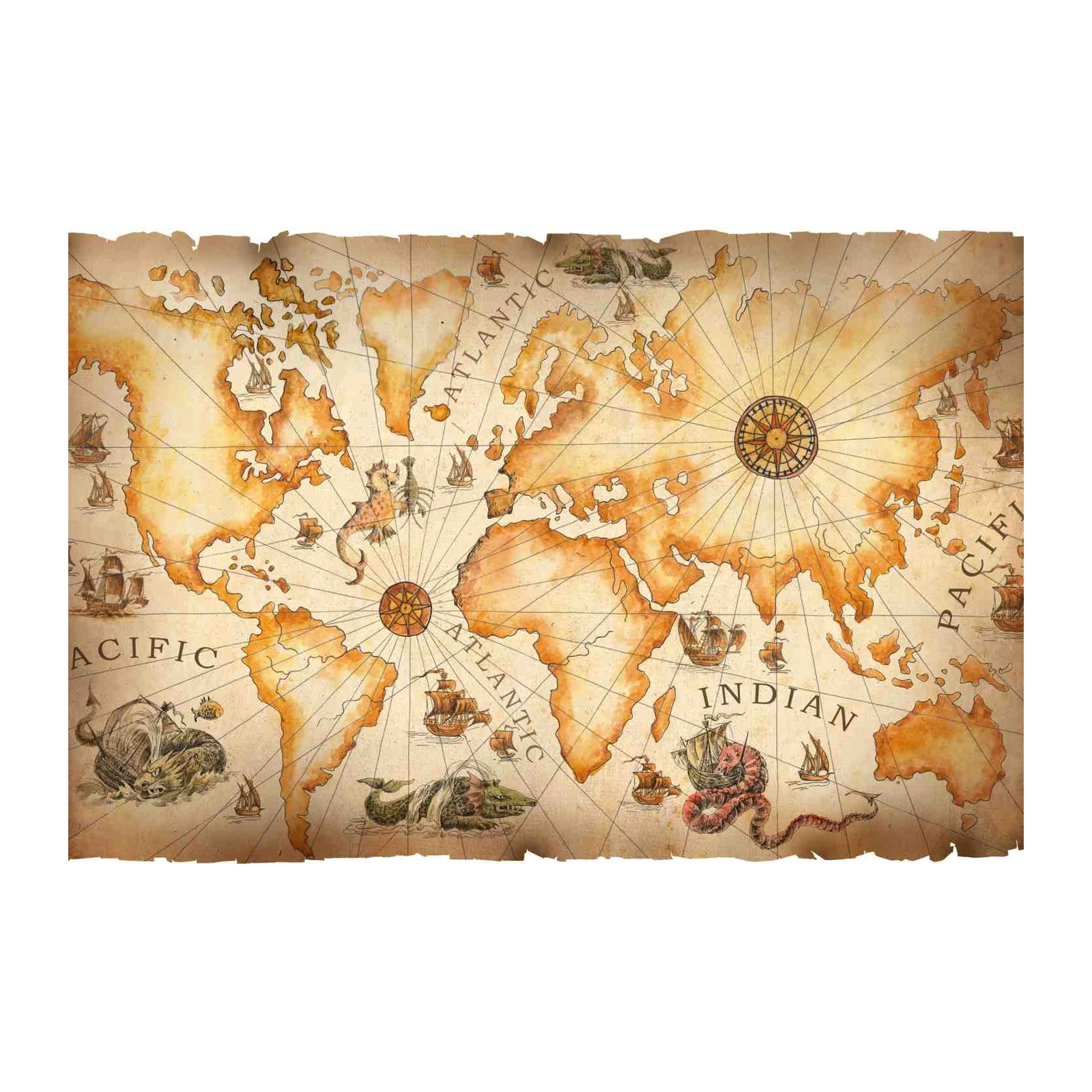 Vintage World Map with Sea Monsters Wall Art