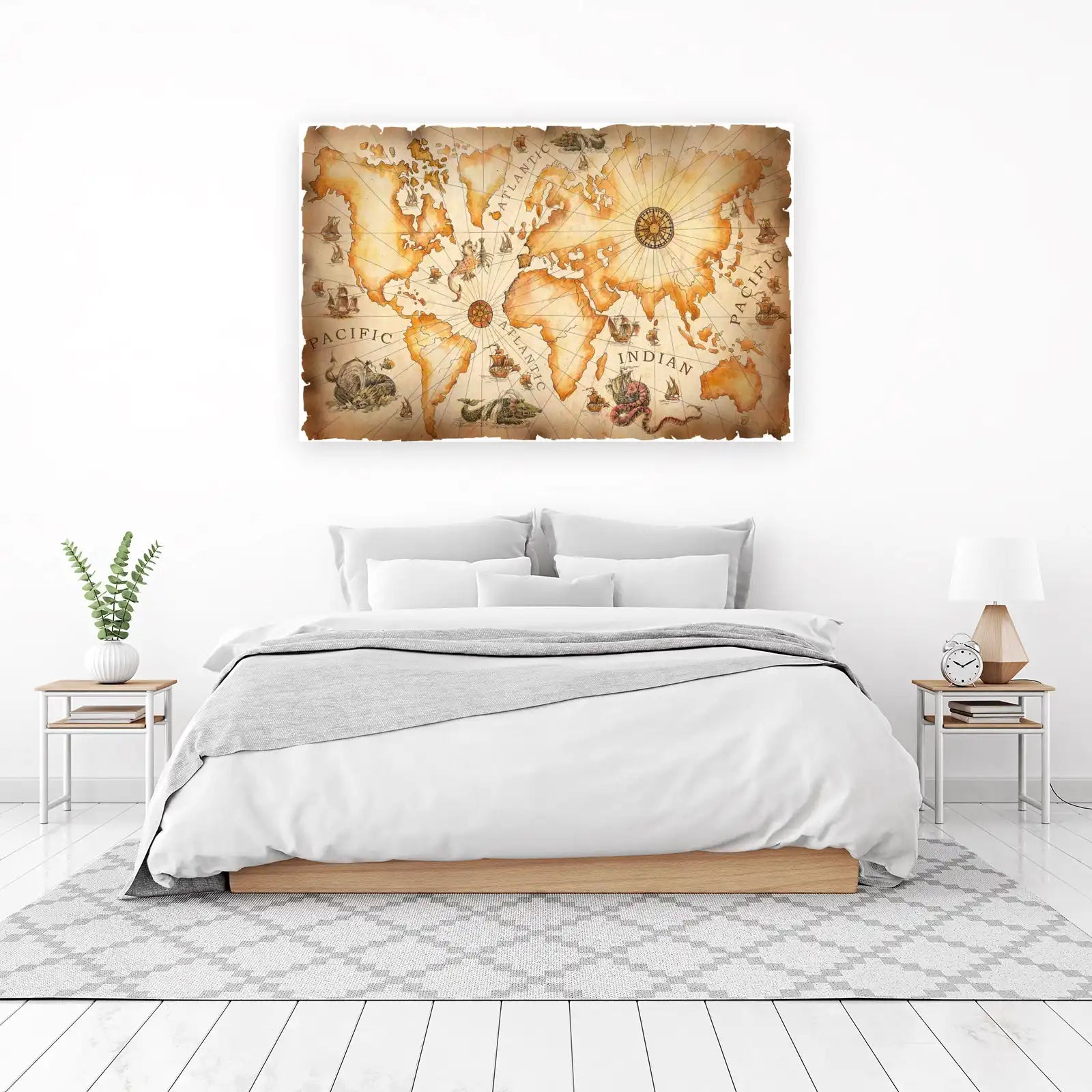 Vintage World Map with Sea Monsters Wall Art