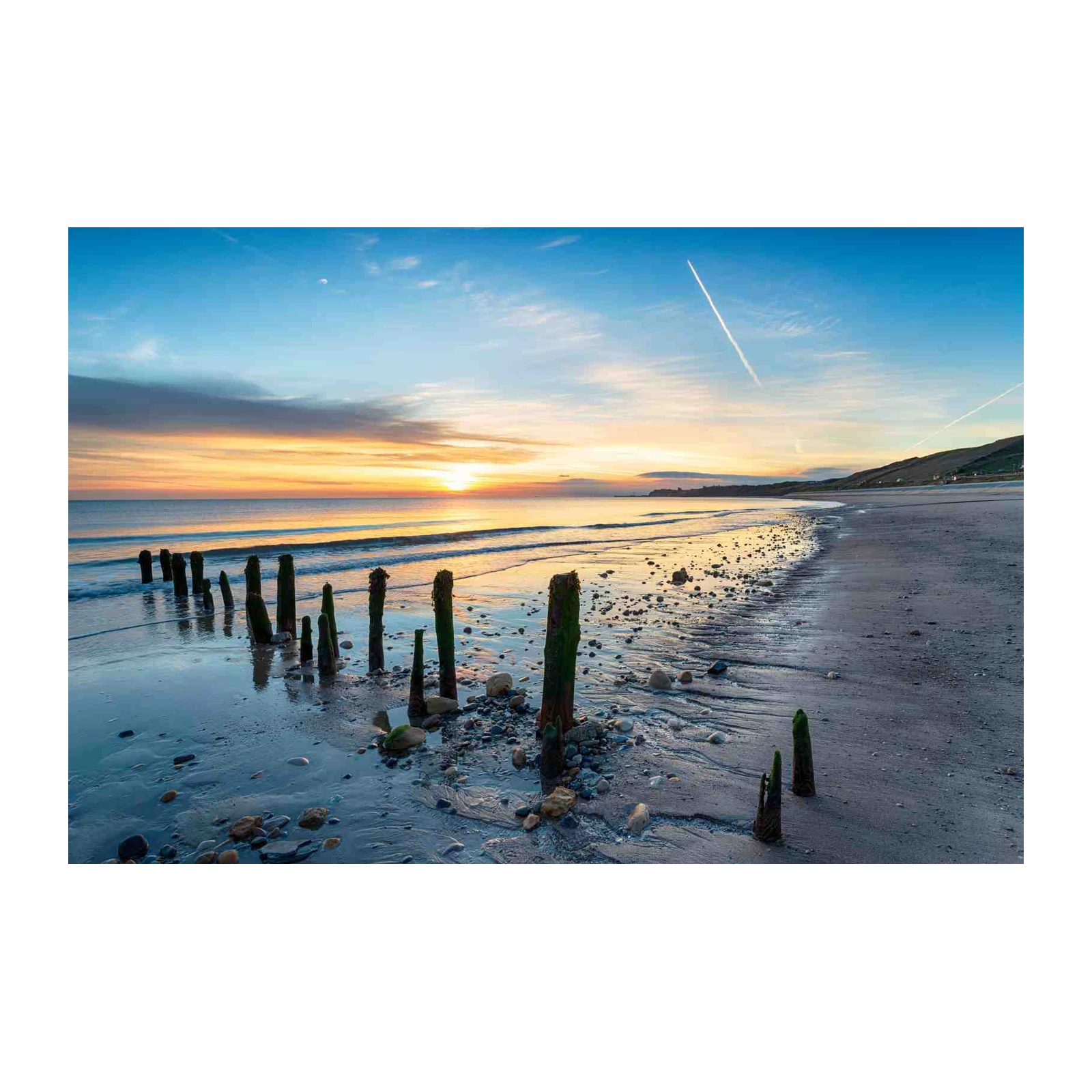 Tranquil Beach Sunset Wooden Posts Wall Art
