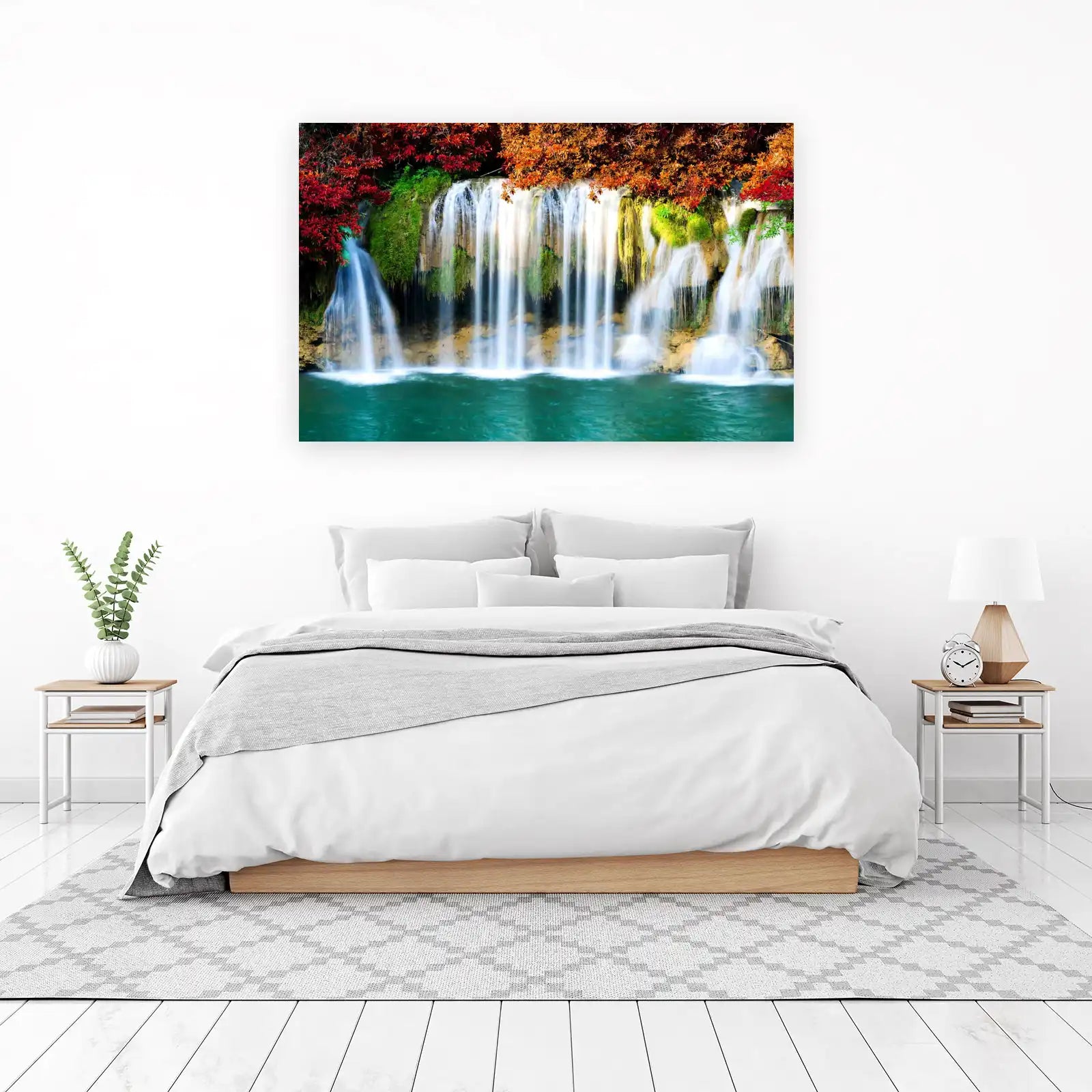 Serene Waterfall & Autumn Leaves Wall Art