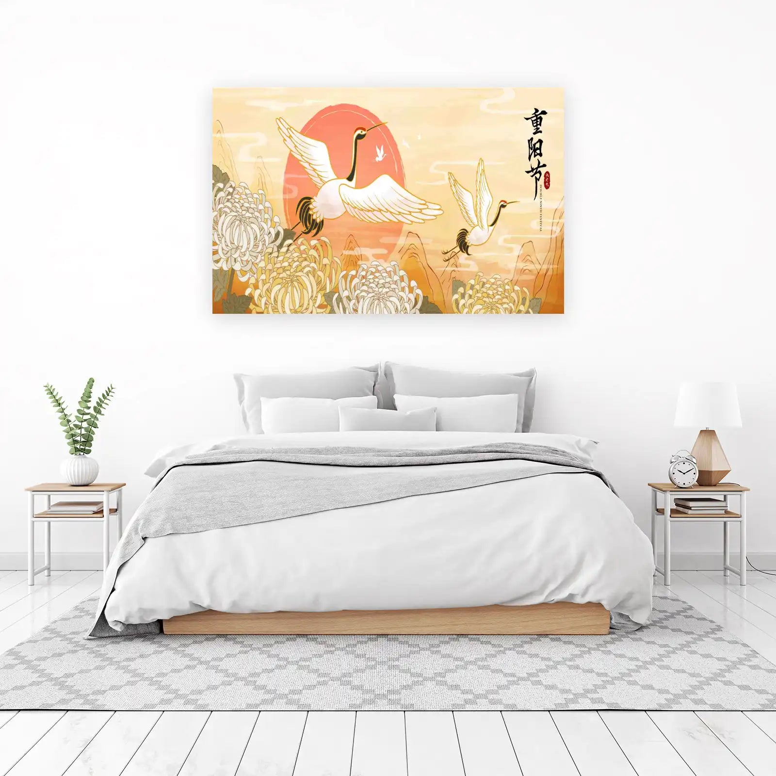Elegant Cranes & Chrysanthemums Wall Art