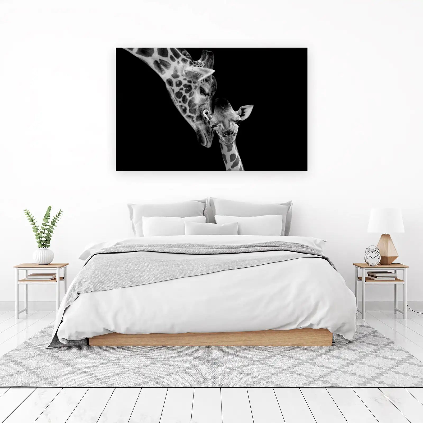 Adorable Giraffe Mother & Baby Black & White Wall Art