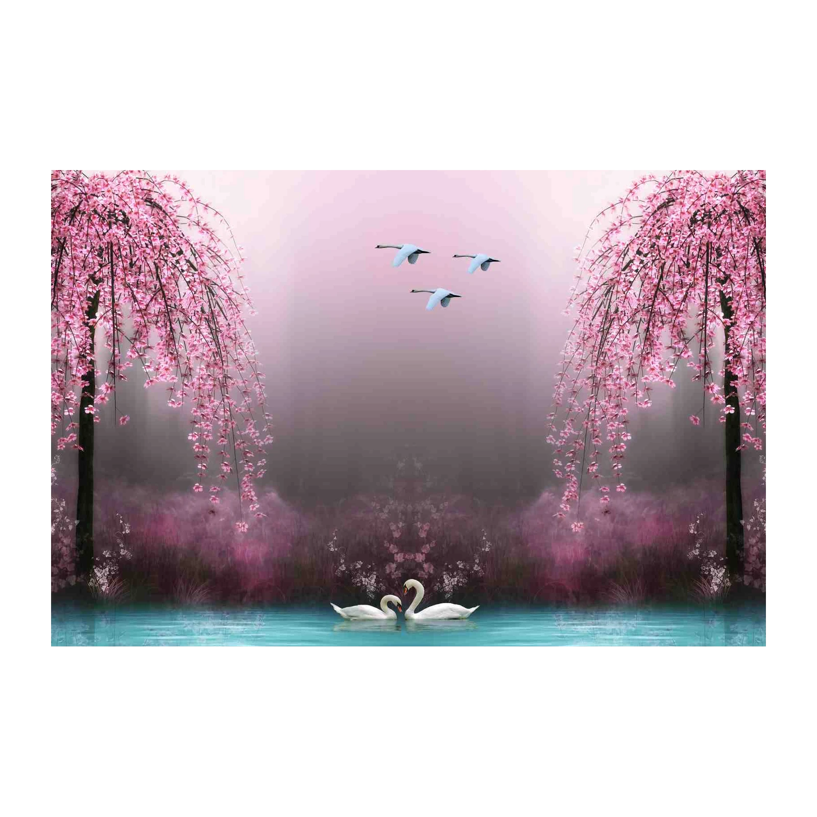 Serene Swans & Cherry Blossoms Wall Art
