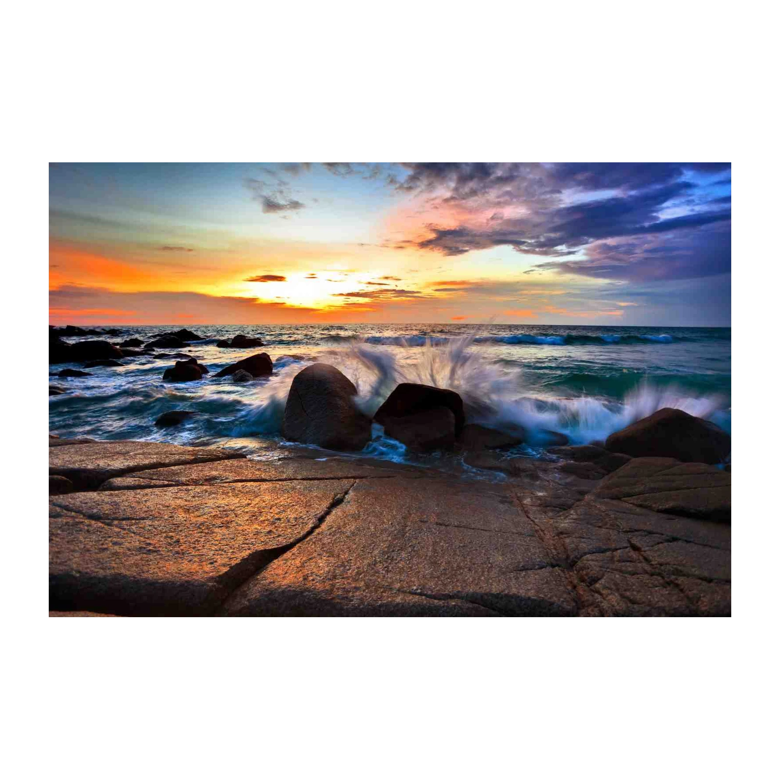 Sunset Ocean Wave Rocks Wall Art