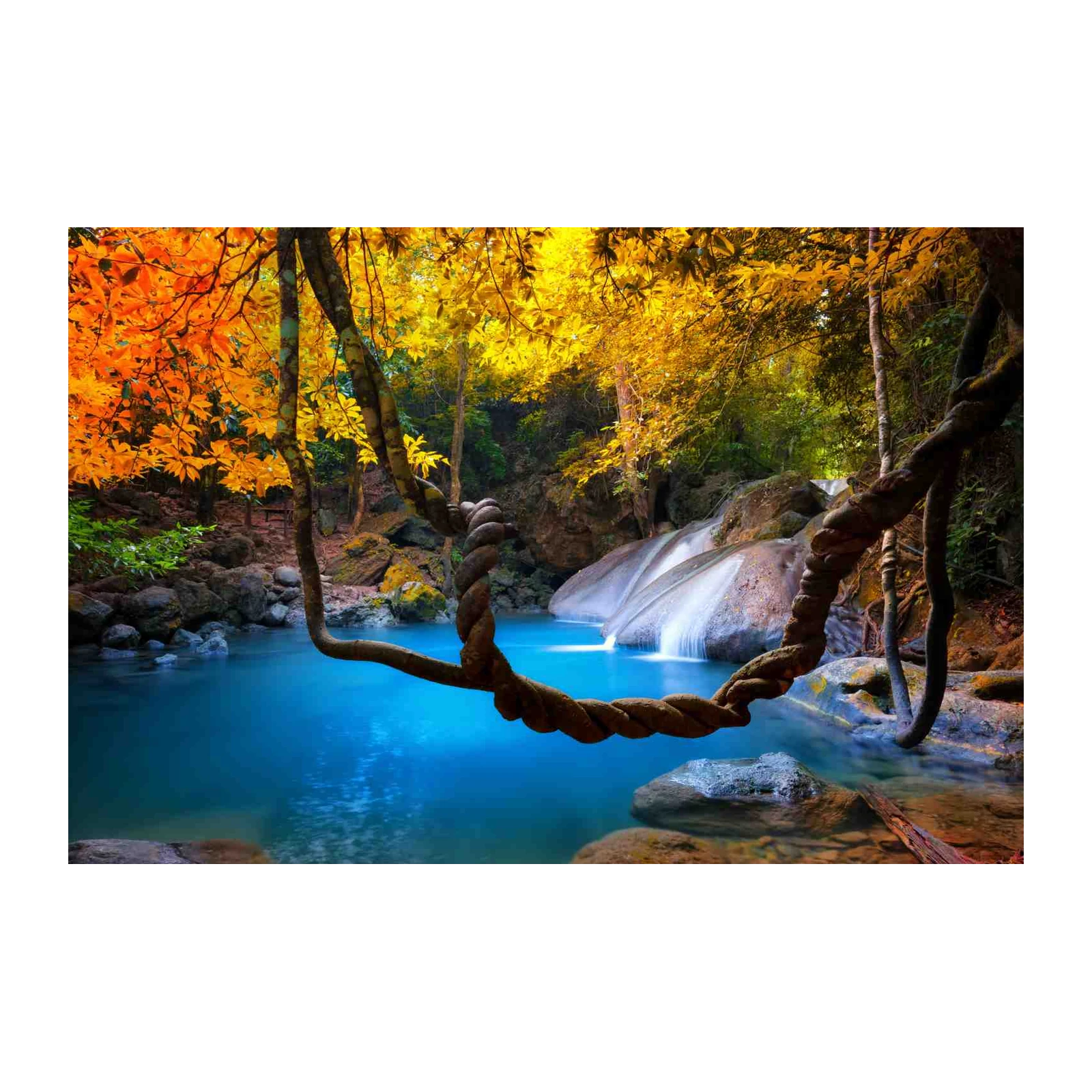 Tranquil Waterfall & Autumn Leaves Wall Art