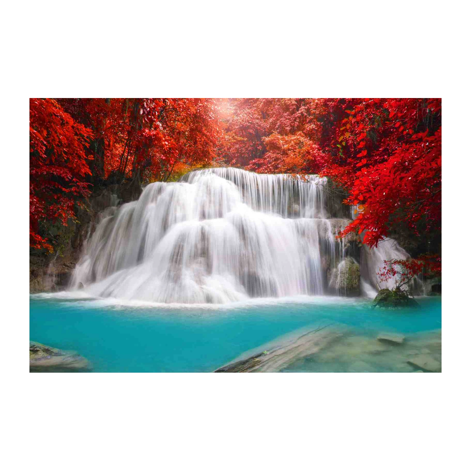 Vibrant Red Forest Waterfall Wall Art