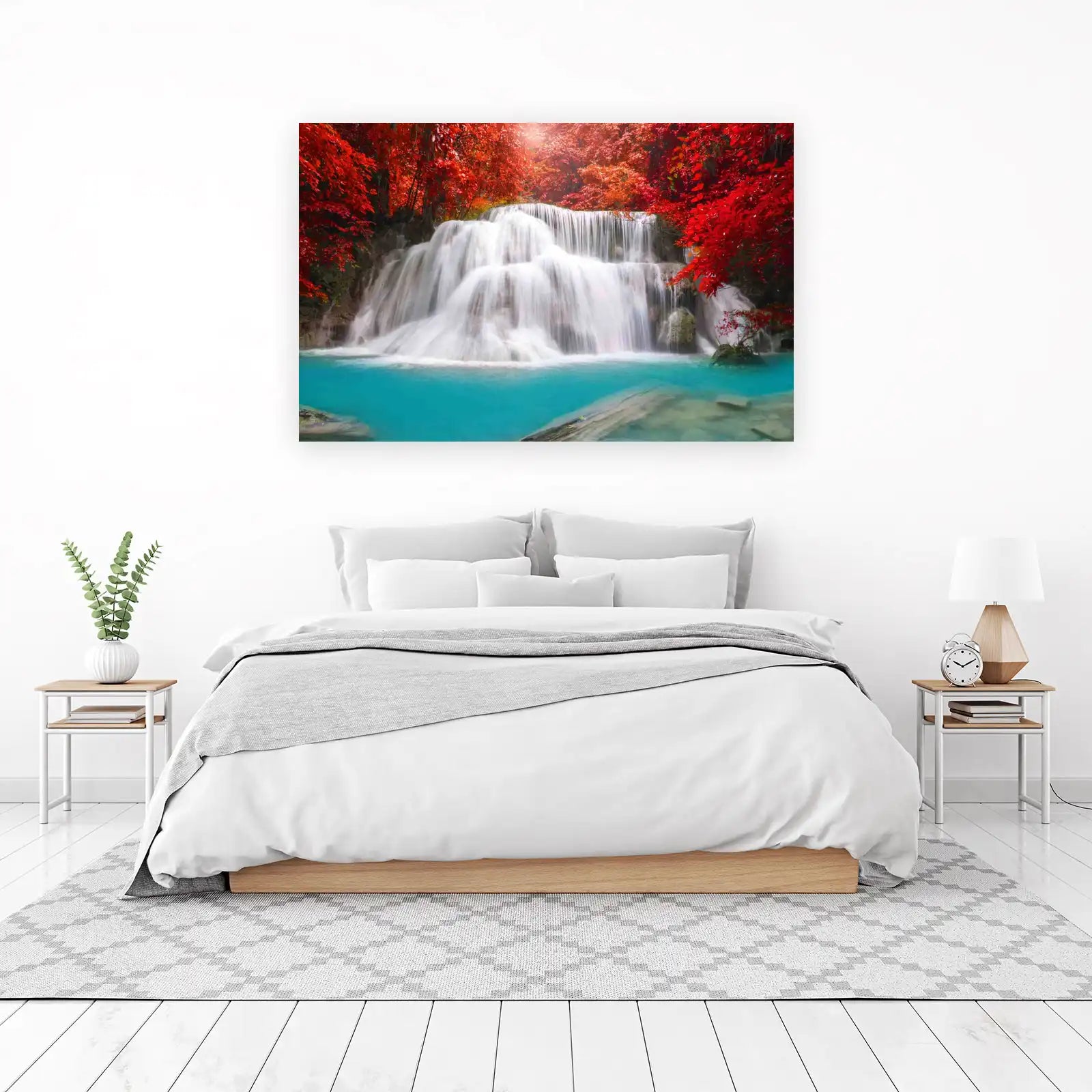 Vibrant Red Forest Waterfall Wall Art
