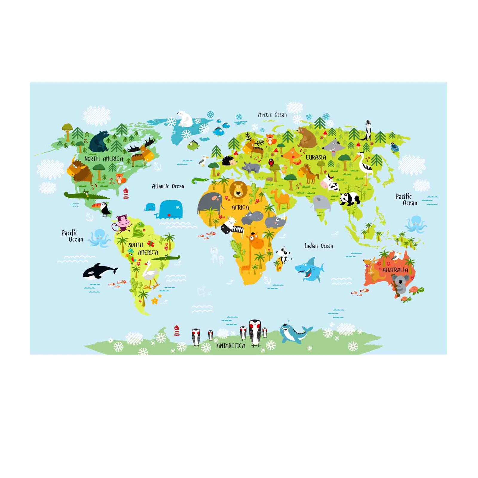 Cute Animal World Map Wall Art for Kids