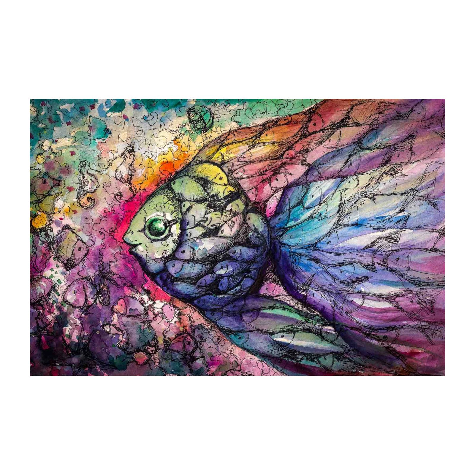 Whimsical Fish Swirl Watercolor Wall Art