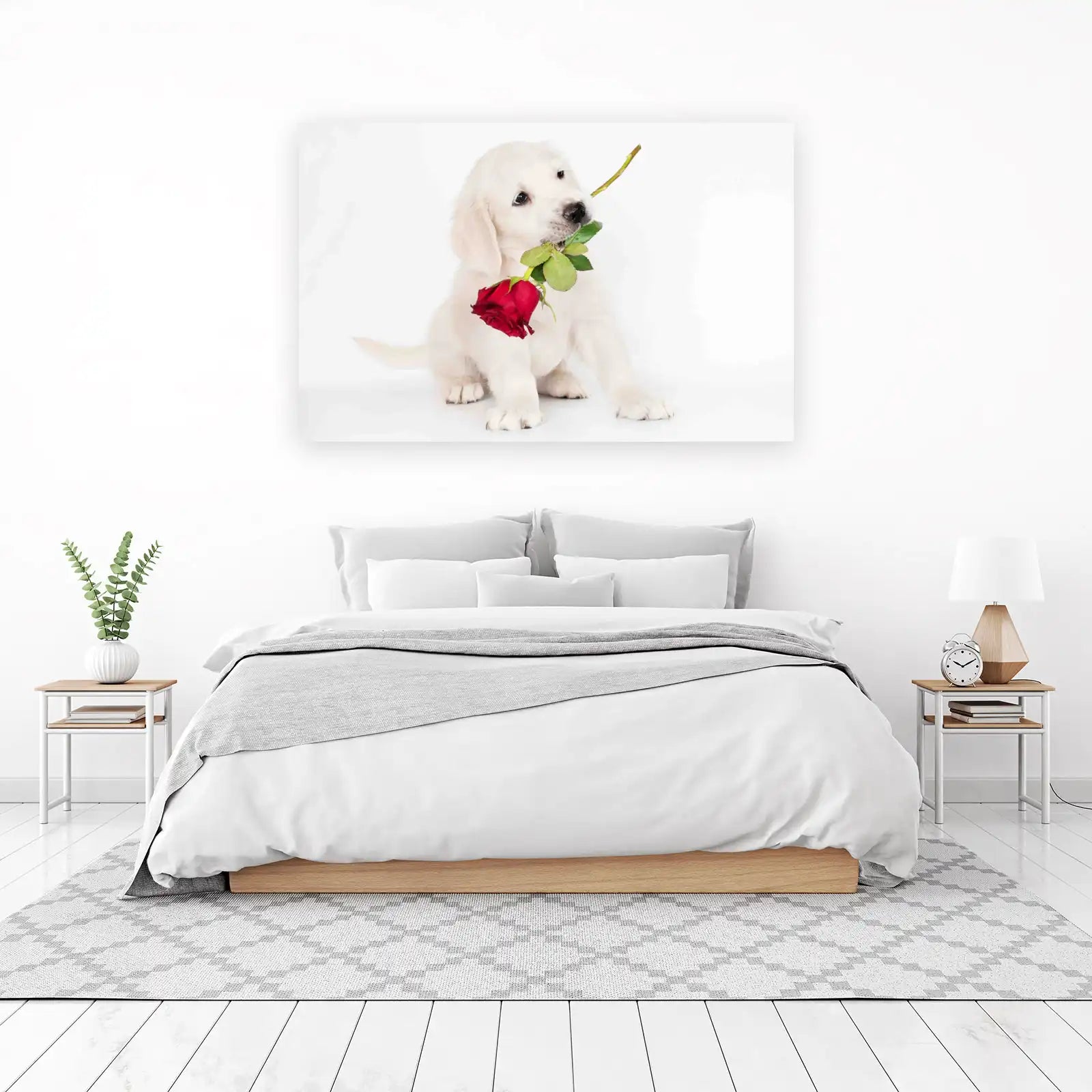 Adorable Golden Retriever Puppy with Red Rose Wall Art