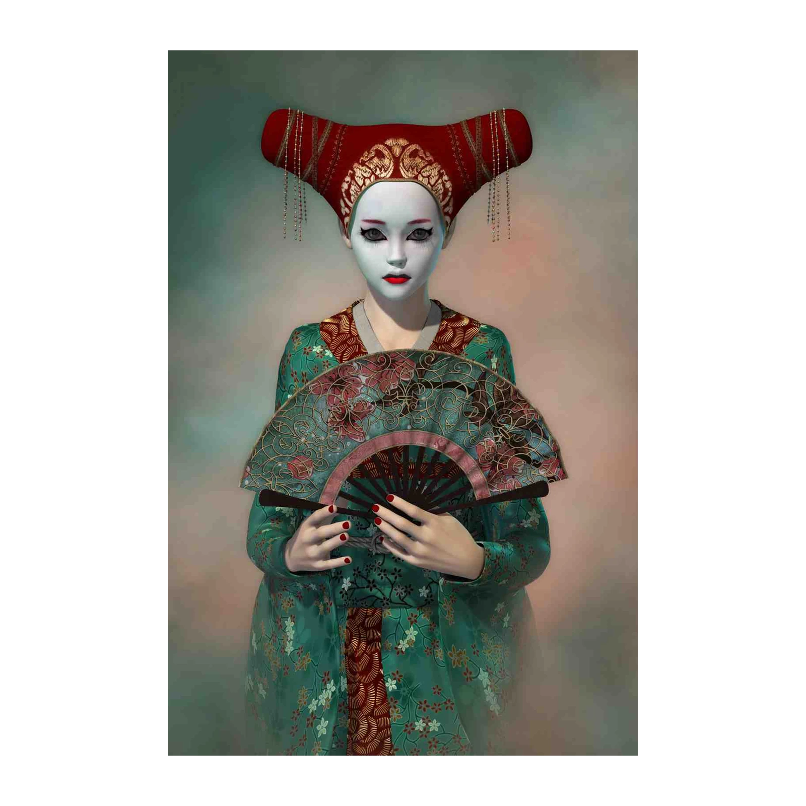 Geisha Enigmatic Beauty Red & Green Wall Art