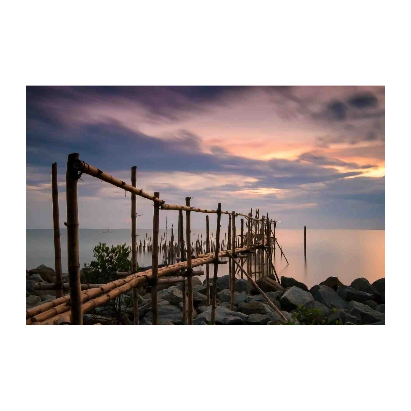 Serene Bamboo Pier Sunset Landscape Wall Art