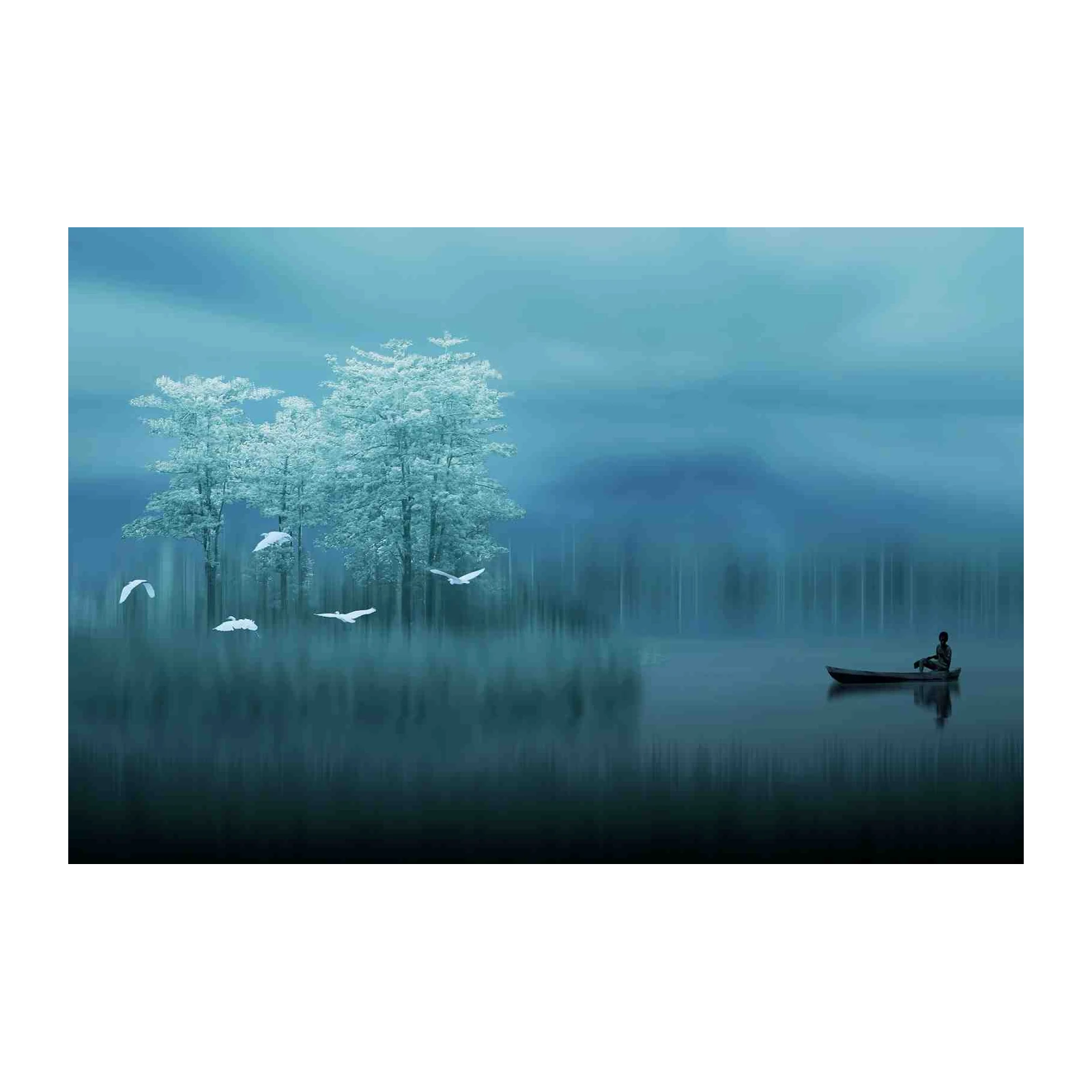 Serene Winter Lake Wall Art with Flying Birds