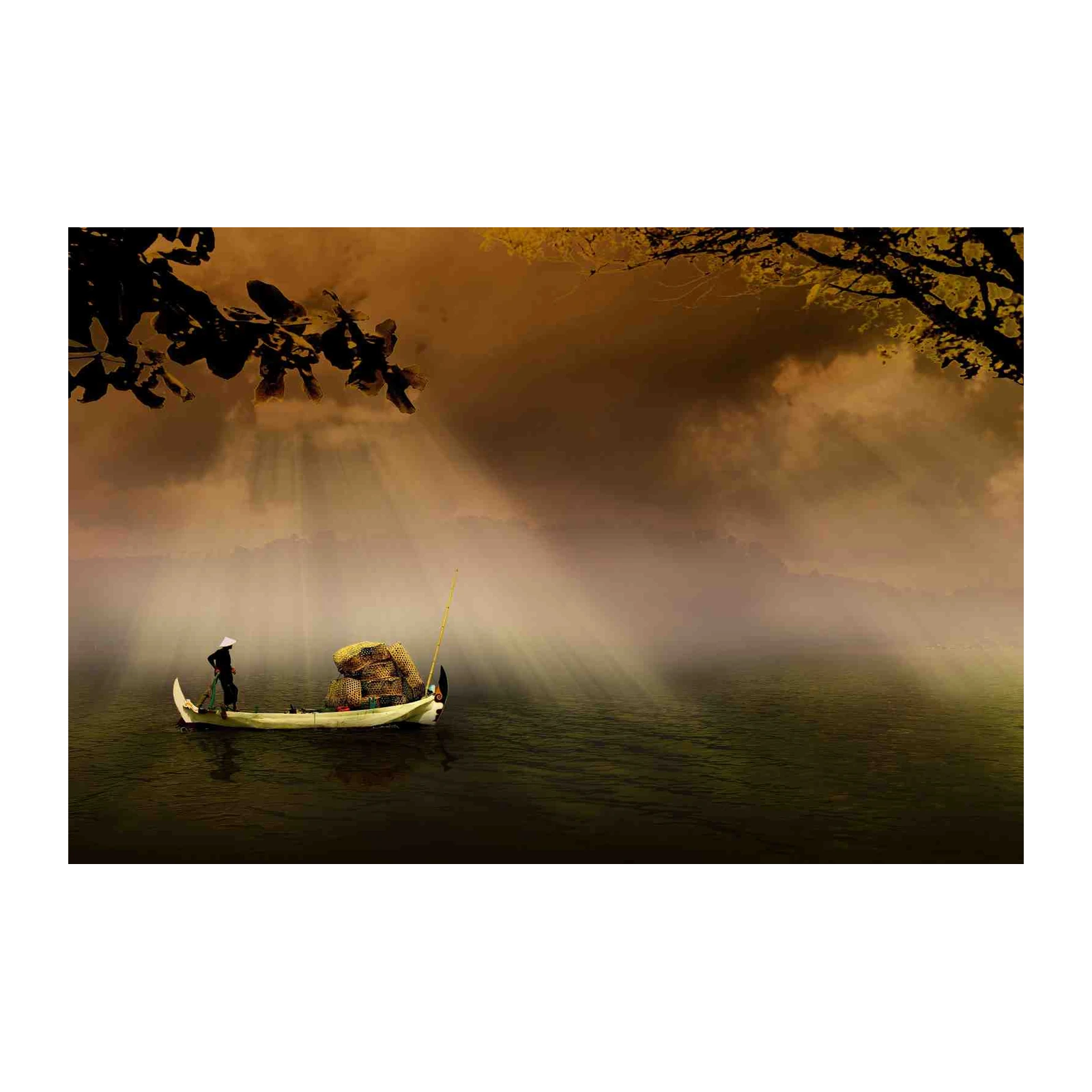 Serene Fisherman Boat Landscape Wall Art