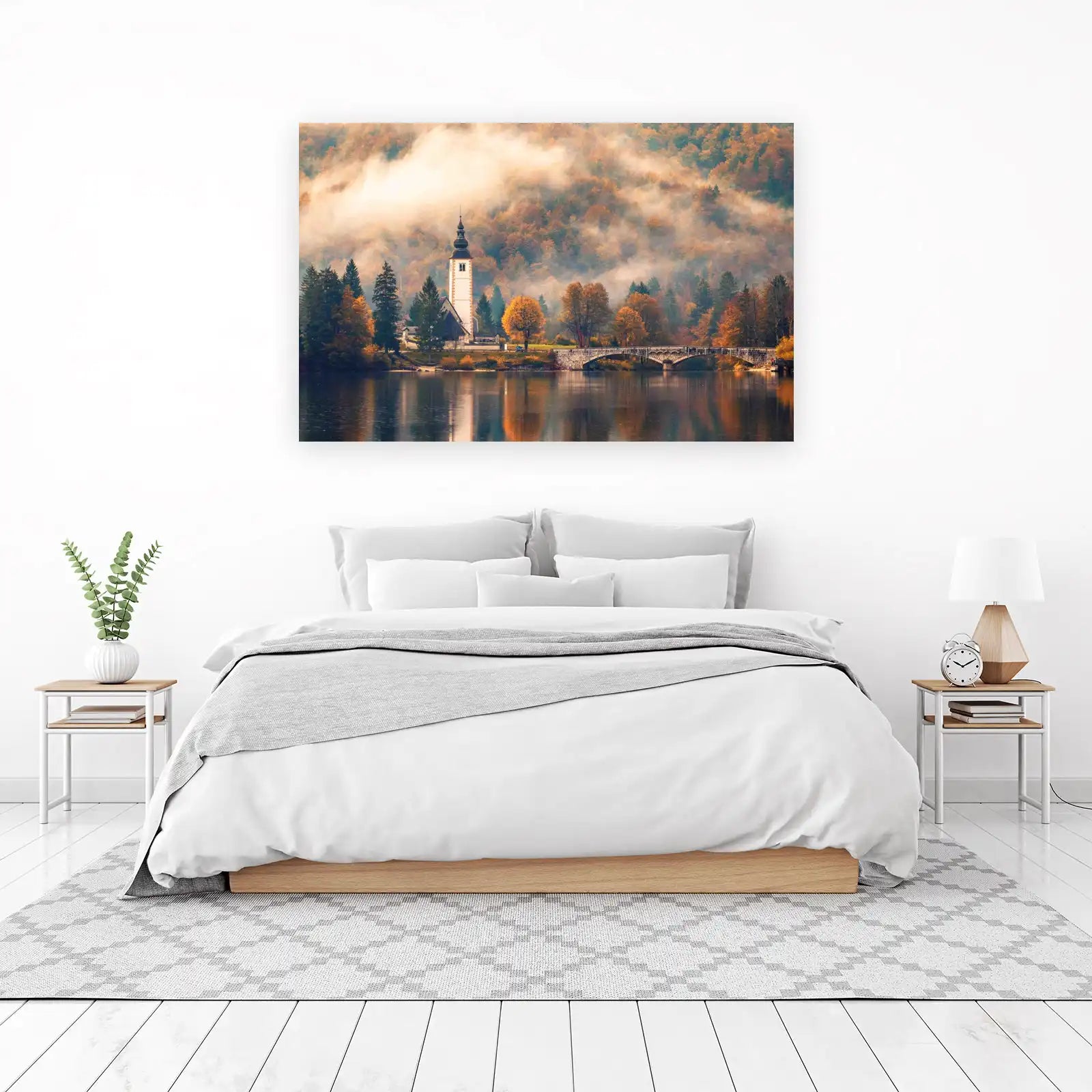 Serene Lakeside Church Autumn View Wall Art