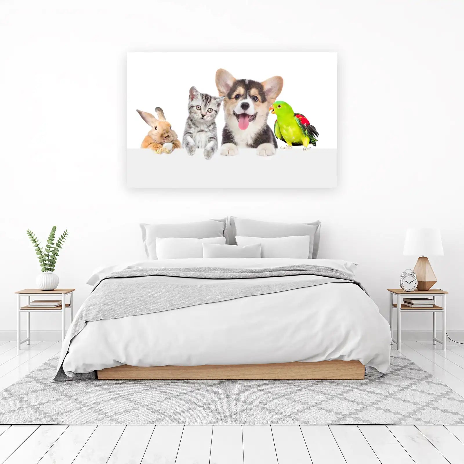 Cute Animal Friends: Dog Cat Bunny Parrot Wall Art