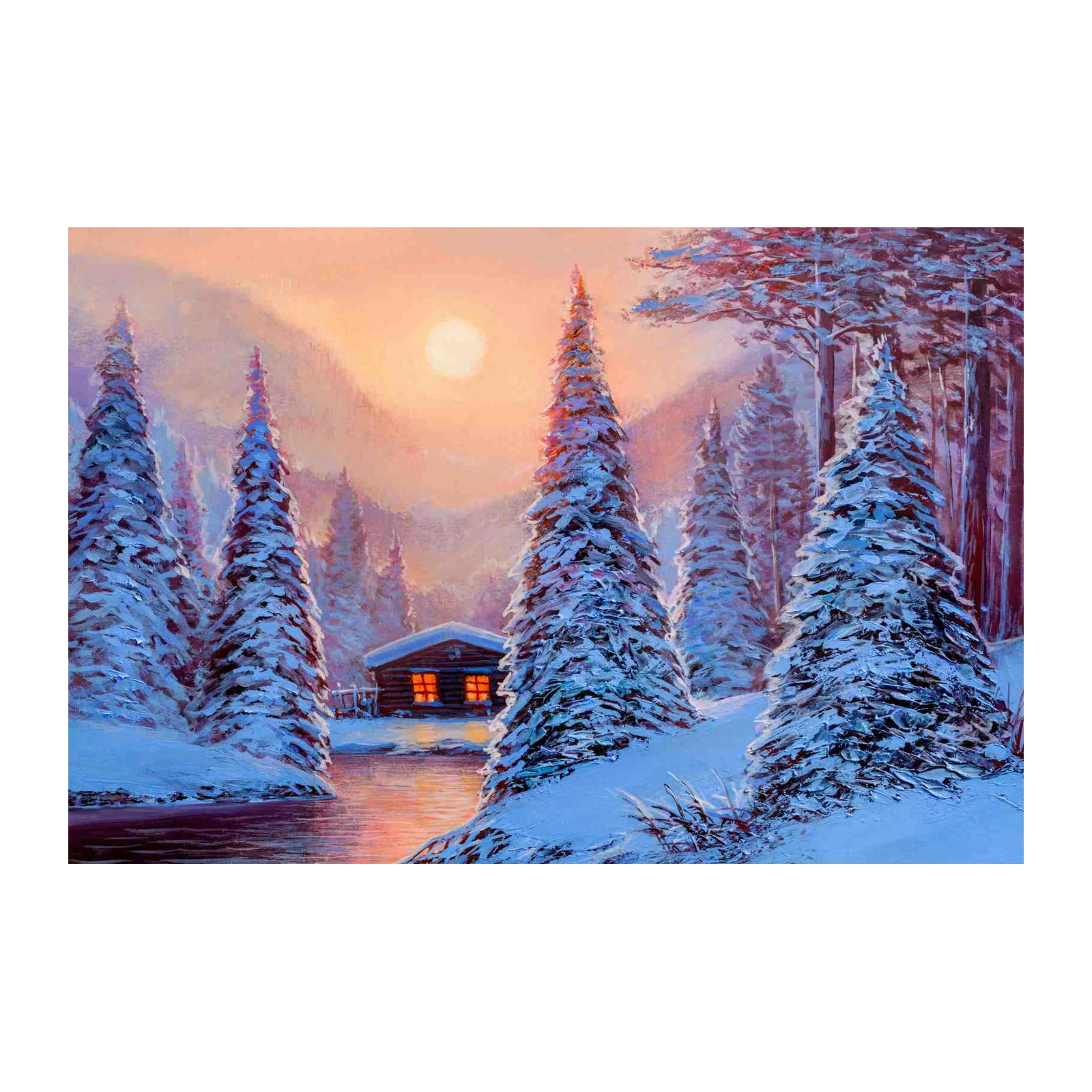 Cozy Winter Cabin Sunset Snow Trees Wall Art