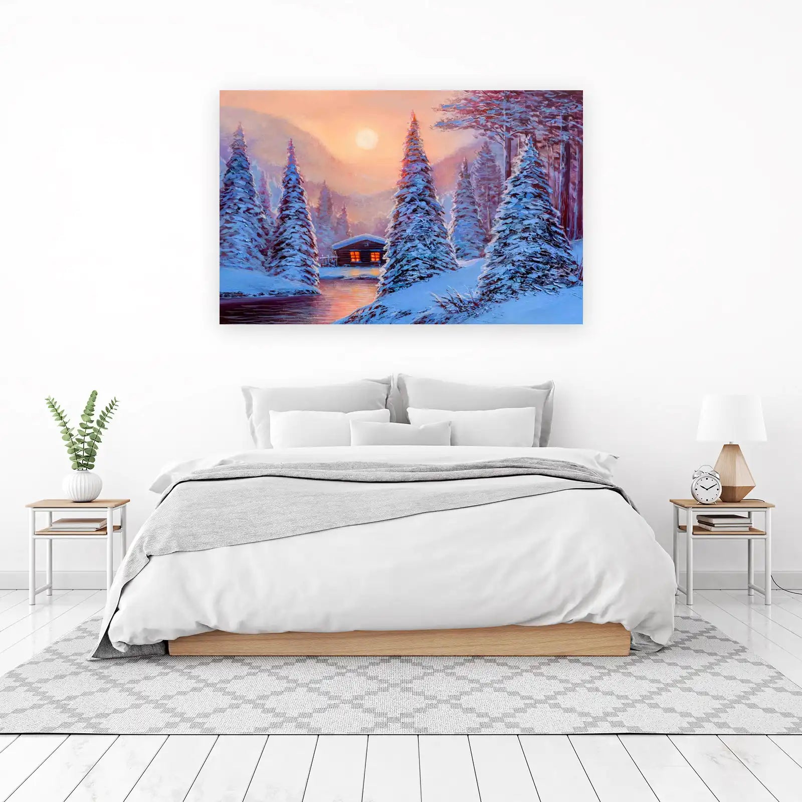 Cozy Winter Cabin Sunset Snow Trees Wall Art