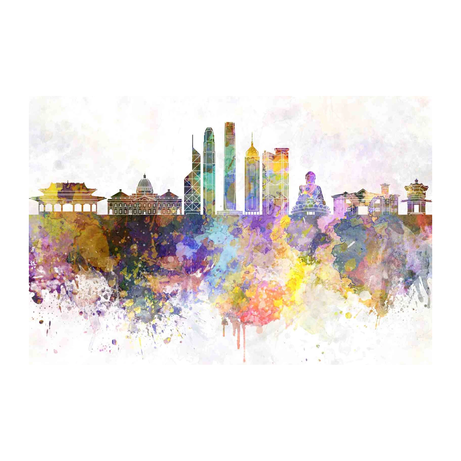 Vibrant Hong Kong Skyline Watercolor Wall Art