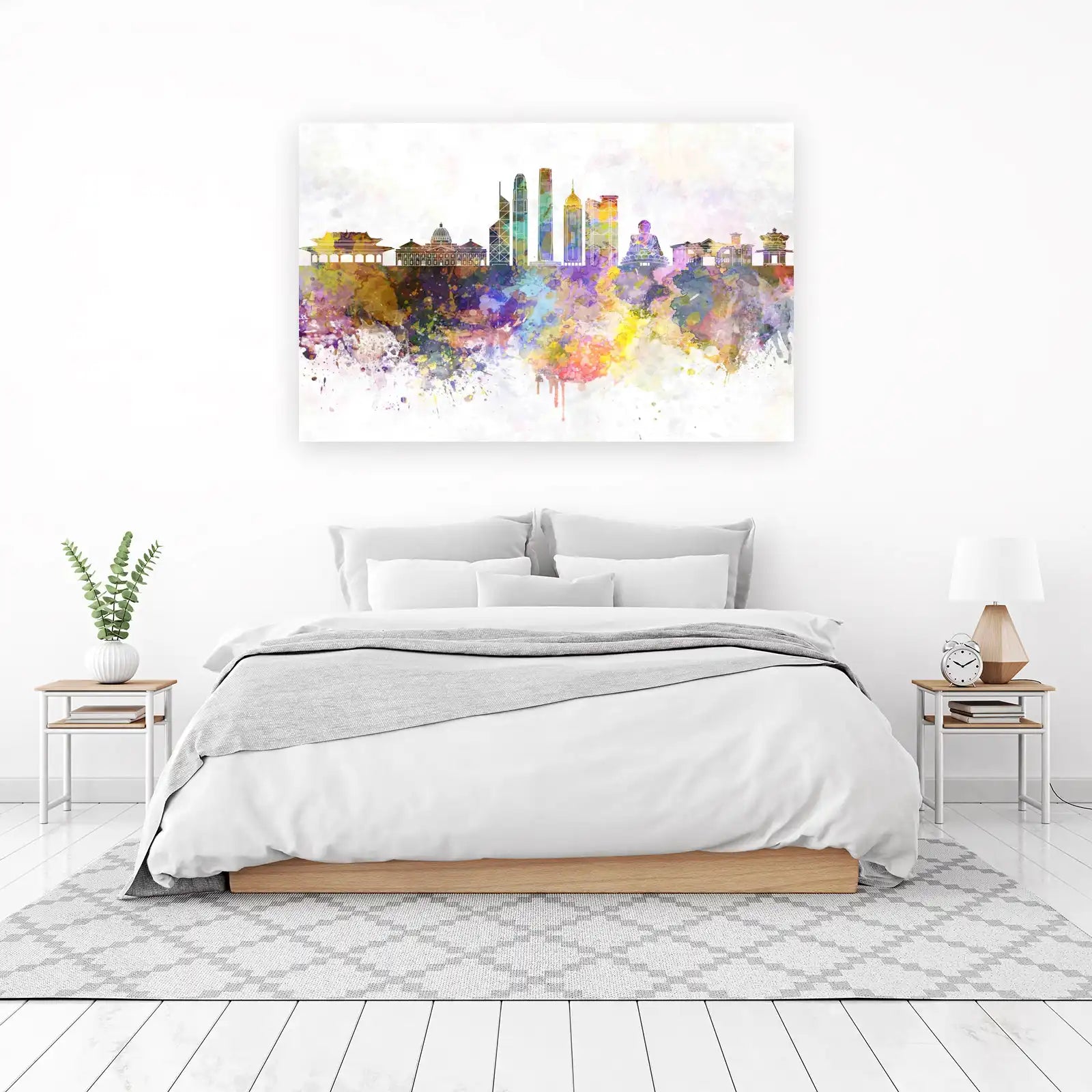 Vibrant Hong Kong Skyline Watercolor Wall Art