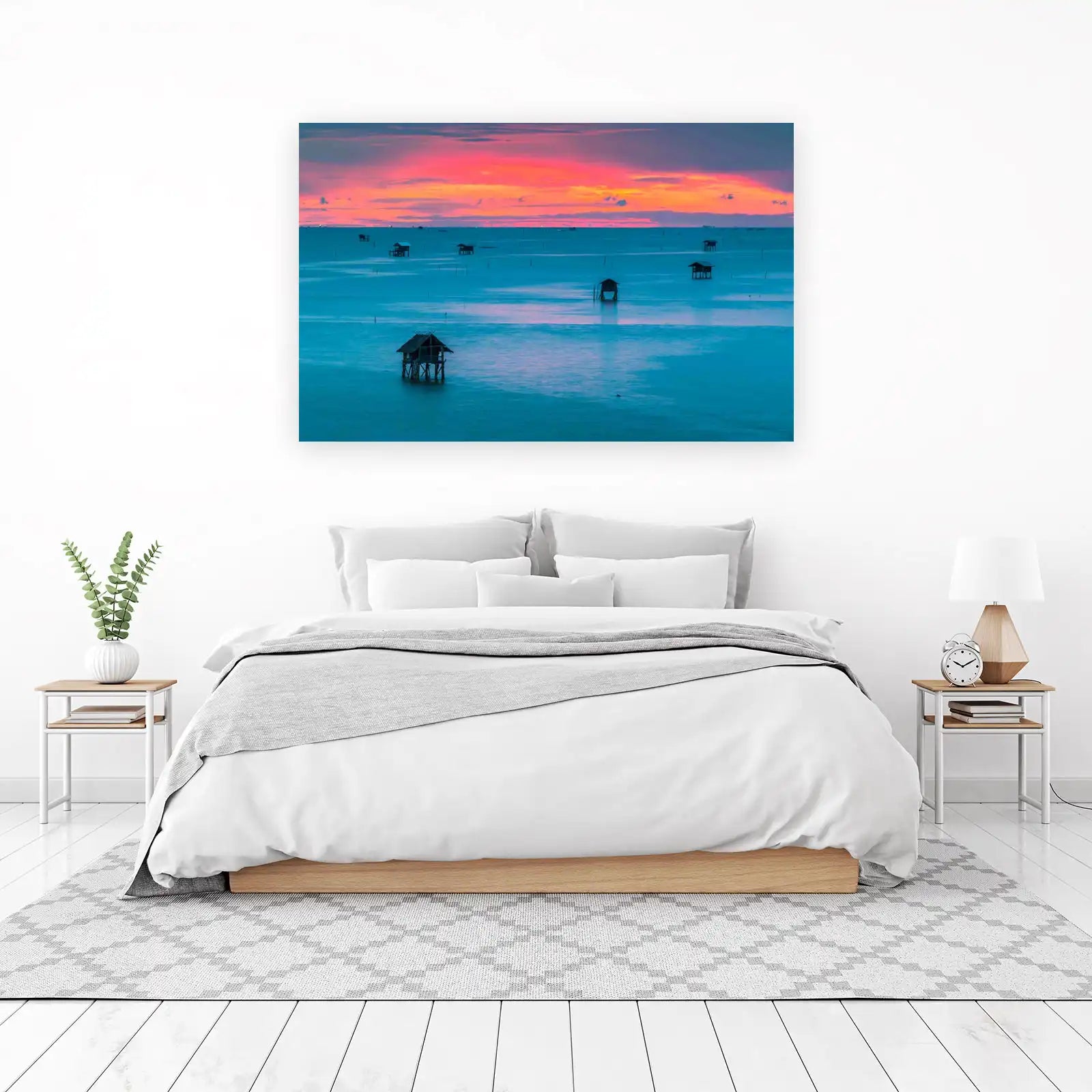Serene Sunset Ocean Huts Wall Art