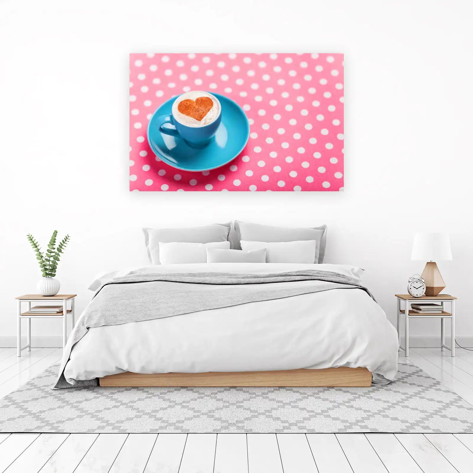 Heart Coffee Art Blue Cup Polka Dot Pink Wall Art
