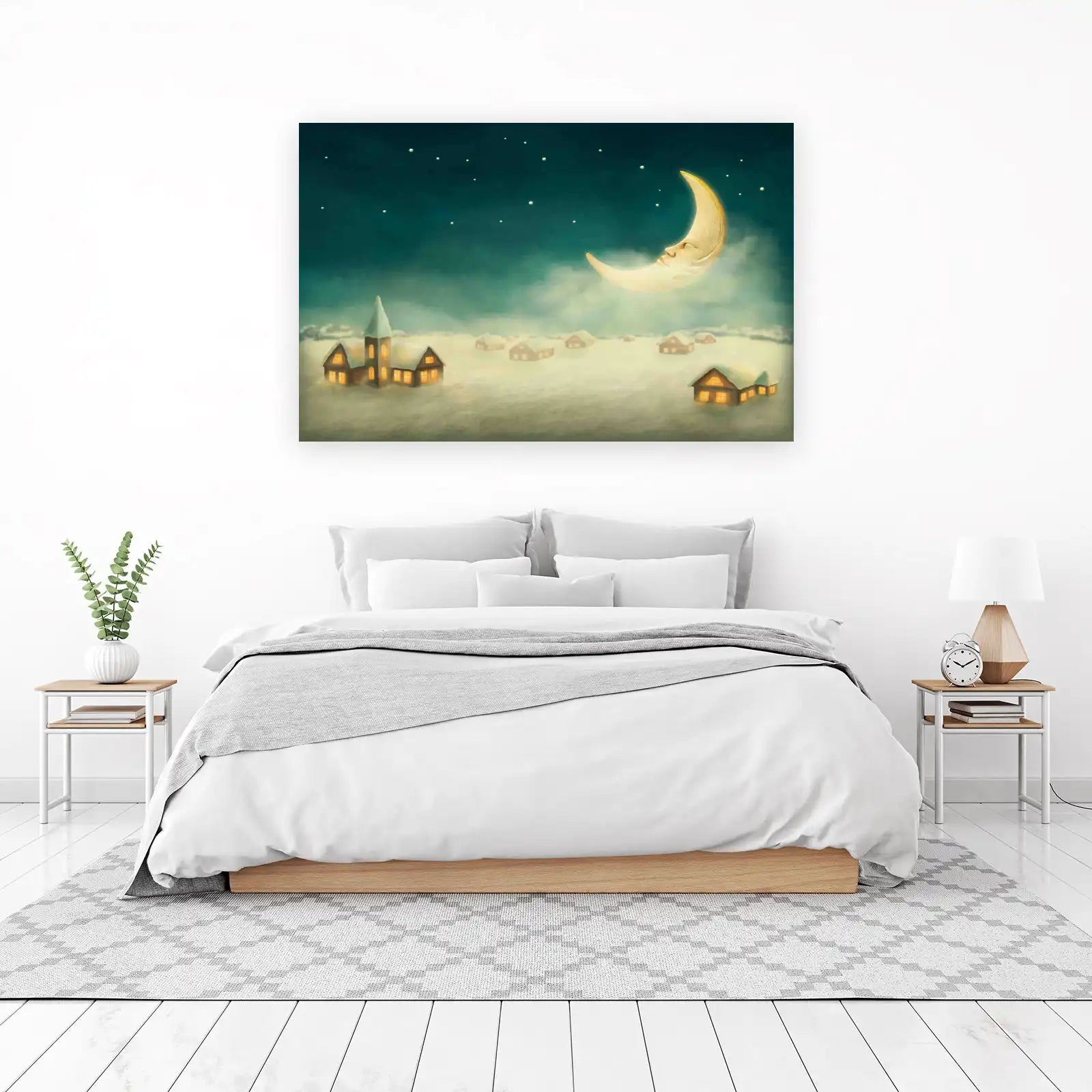 Dreamy Crescent Moon Winter Village Wall Art